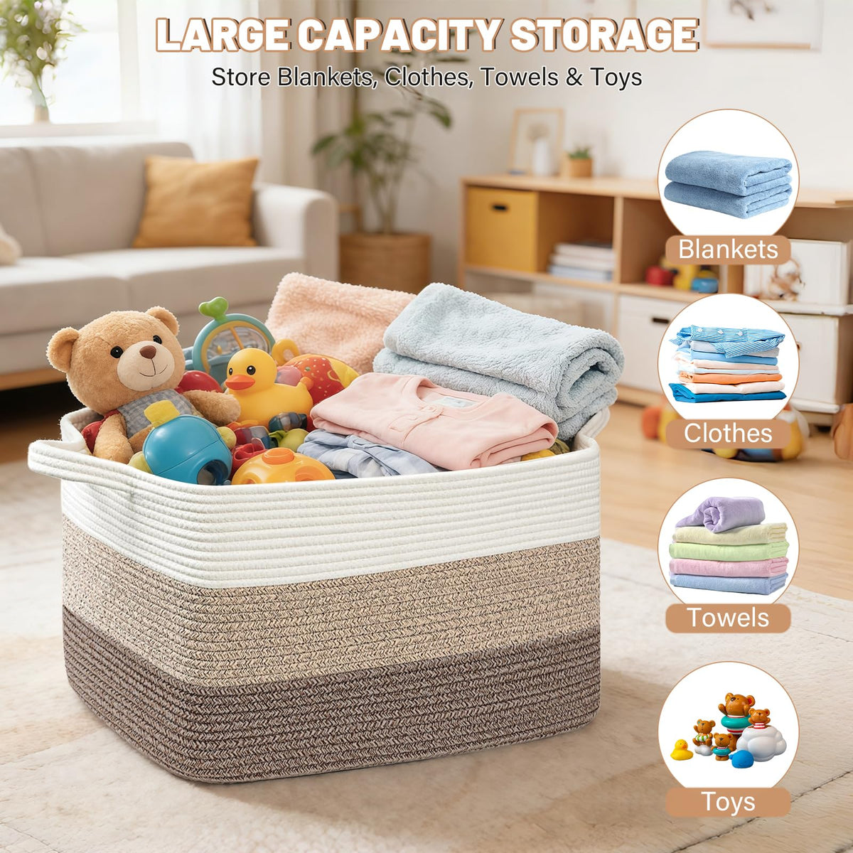 FANGCCC Large Storage Basket 55 x 43 x 30.5 cm, Cotton Rope Blanket Basket with Handles, Woven Storage Basket for Laundry, Clothes and Toy Storage - image 2