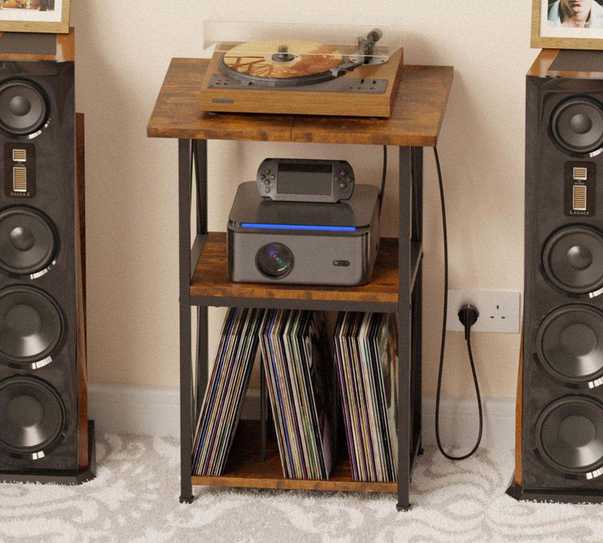 HFHOME 2025 Upgraded Extended Tabletop Record Player Stand with Charging Station, 3 Tier End Table with Vinyl Record Storage - image 2