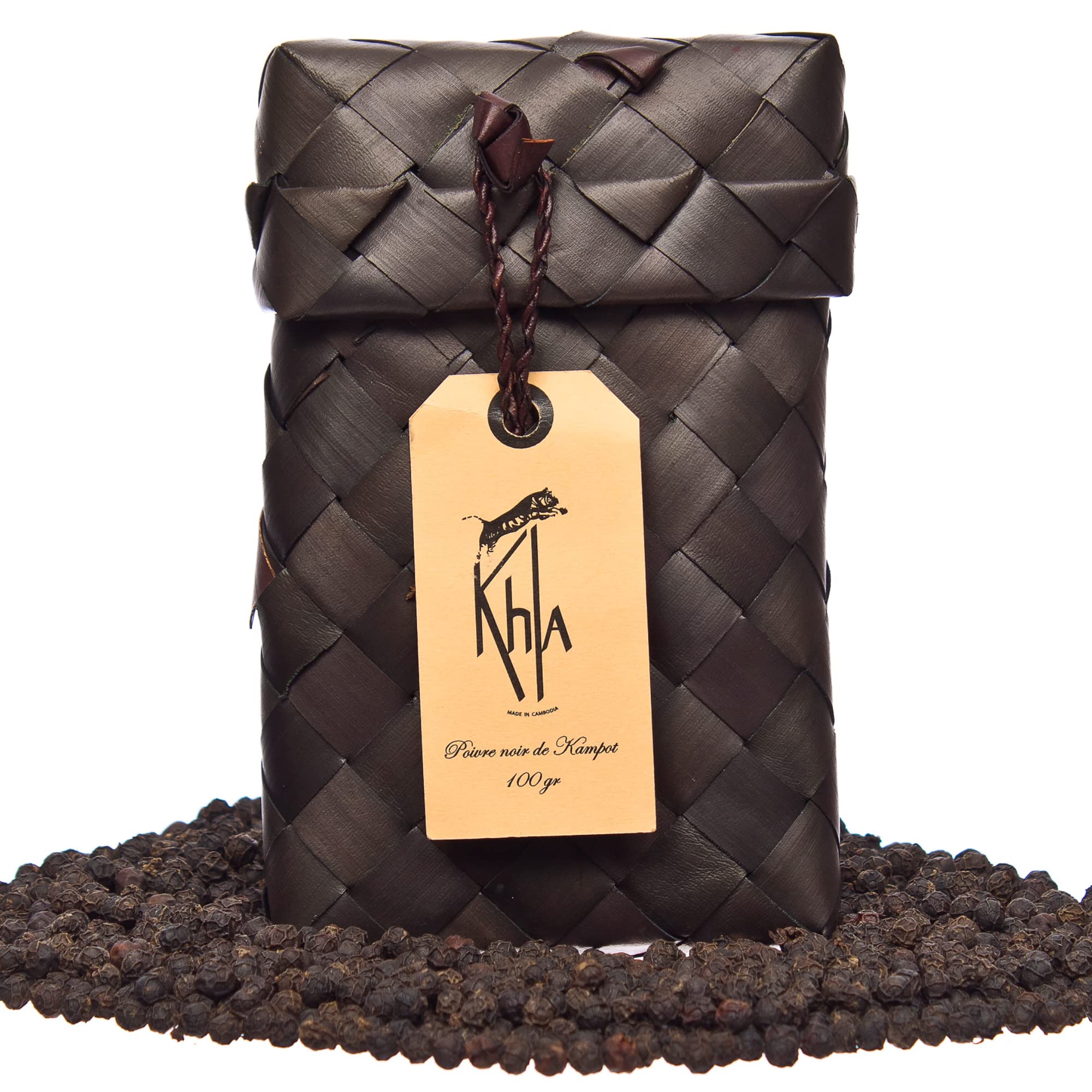 Khla Organic Kampot Black Peppercorns - 100g Palm Leaf Gift Box