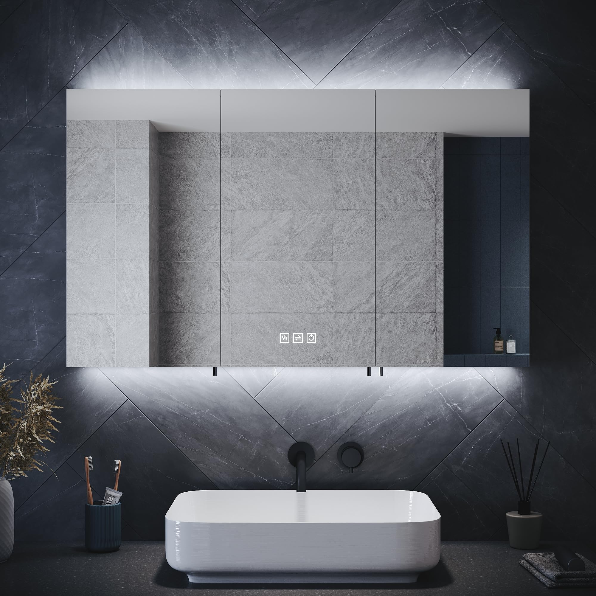 ELEGANT Triple Door LED Bathroom Mirror Cabinet with Shaver Socket