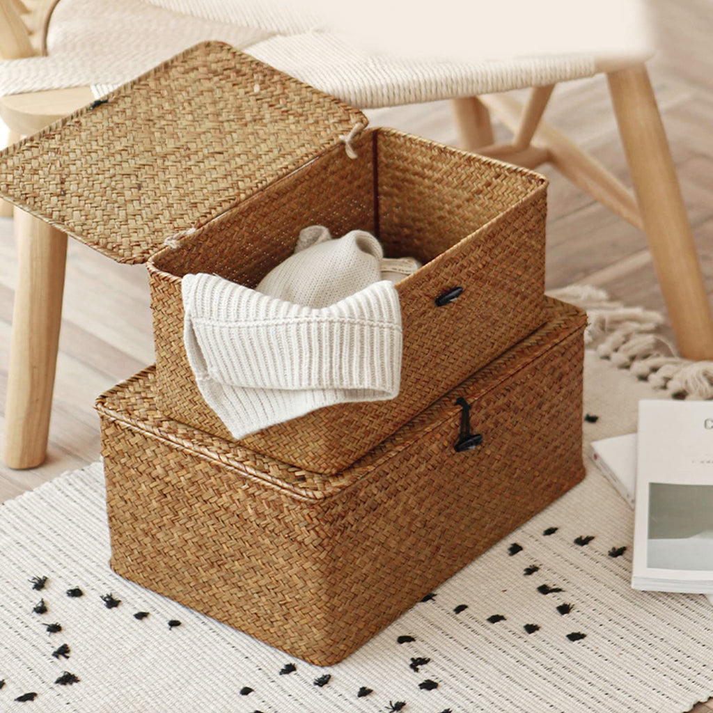 Jolof Store Woven Seagrass Storage Baskets with Lids – 2-Piece Set (L+XXL)