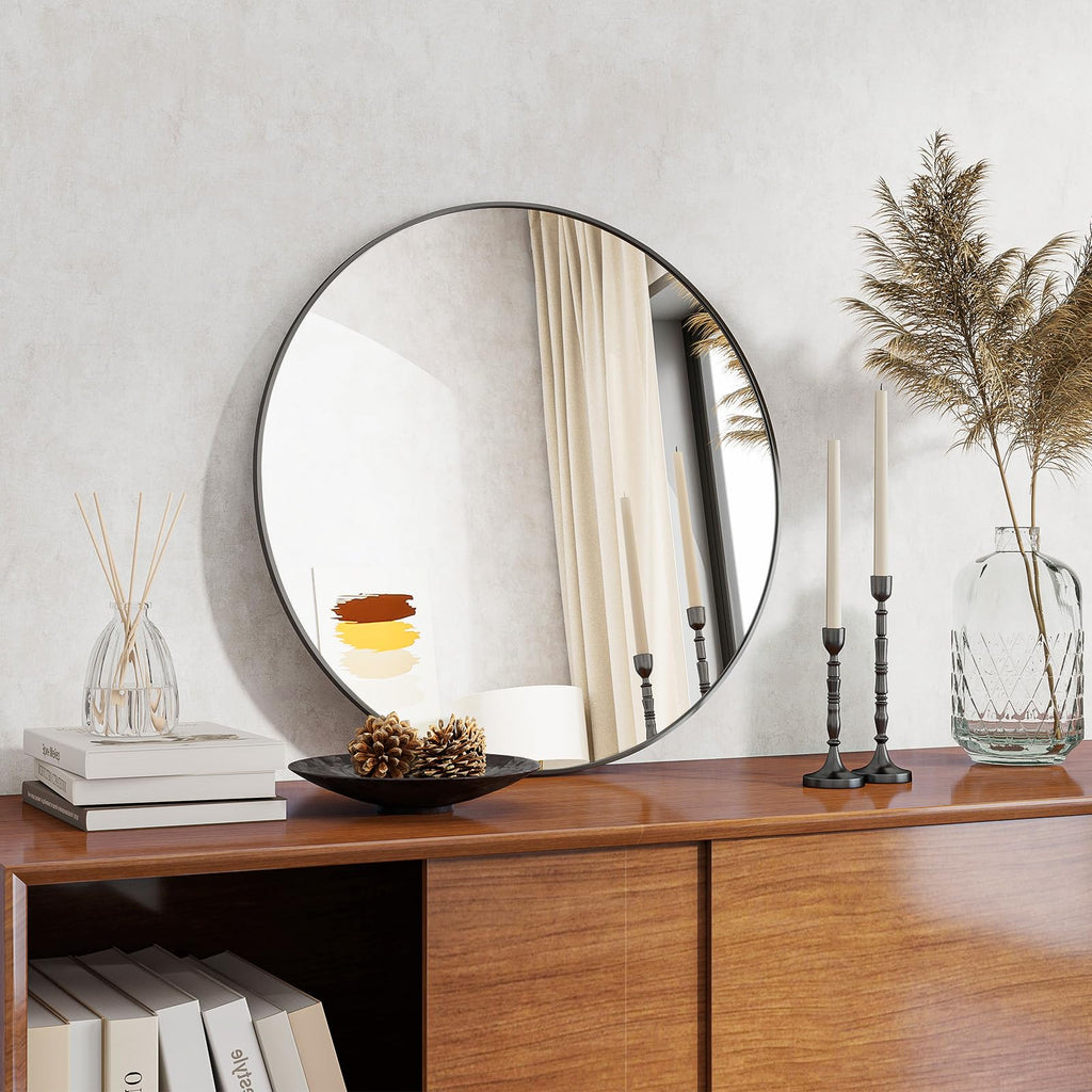 Koonmi 50cm Black Round Wall Mirror | Aluminum Alloy Frame Circle Mirror