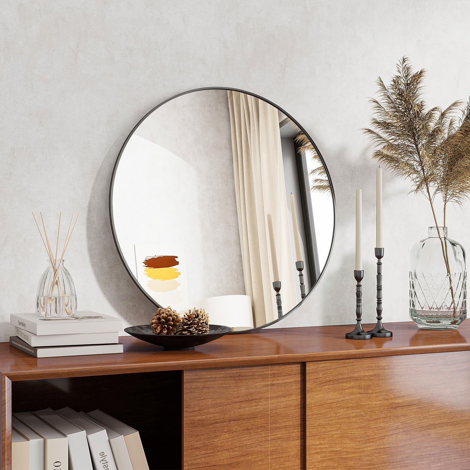 Koonmi 50cm Black Round Wall Mirror | Aluminum Alloy Frame Circle Mirror