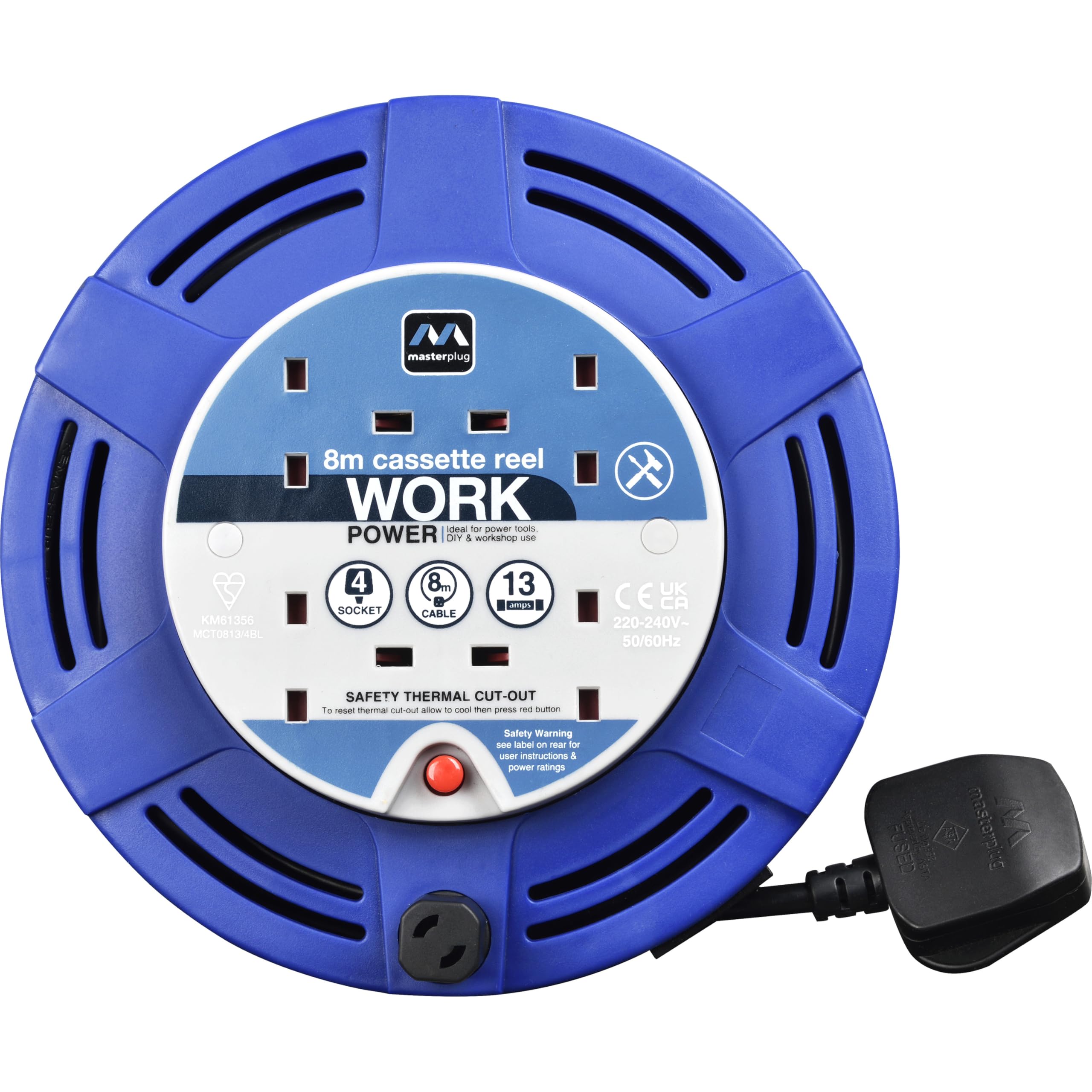 Masterplug 8m Extension Lead Reel – 4 Socket Retractable Power Cord