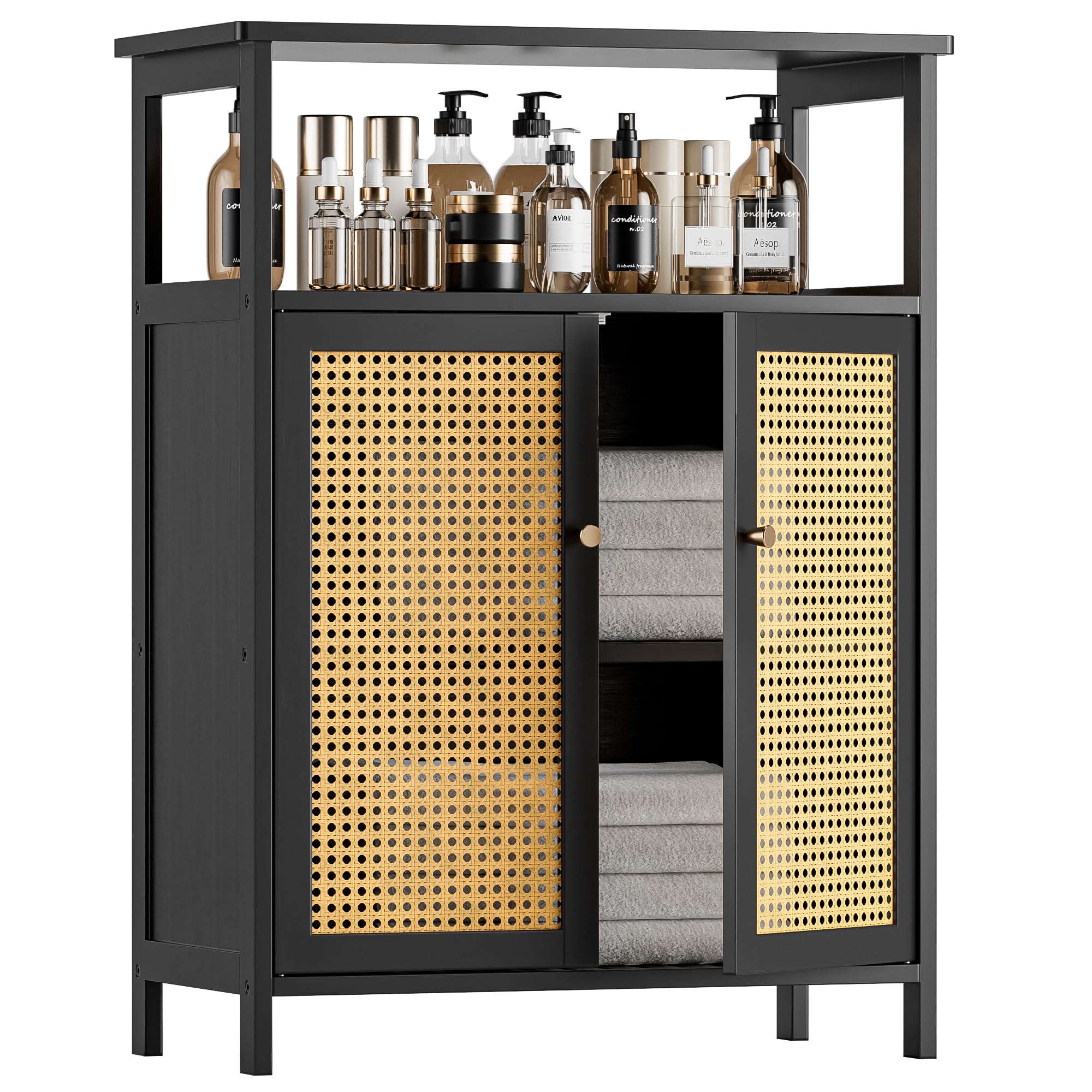 HITNET Bamboo Bathroom Storage Cabinet with Rattan Doors - Black