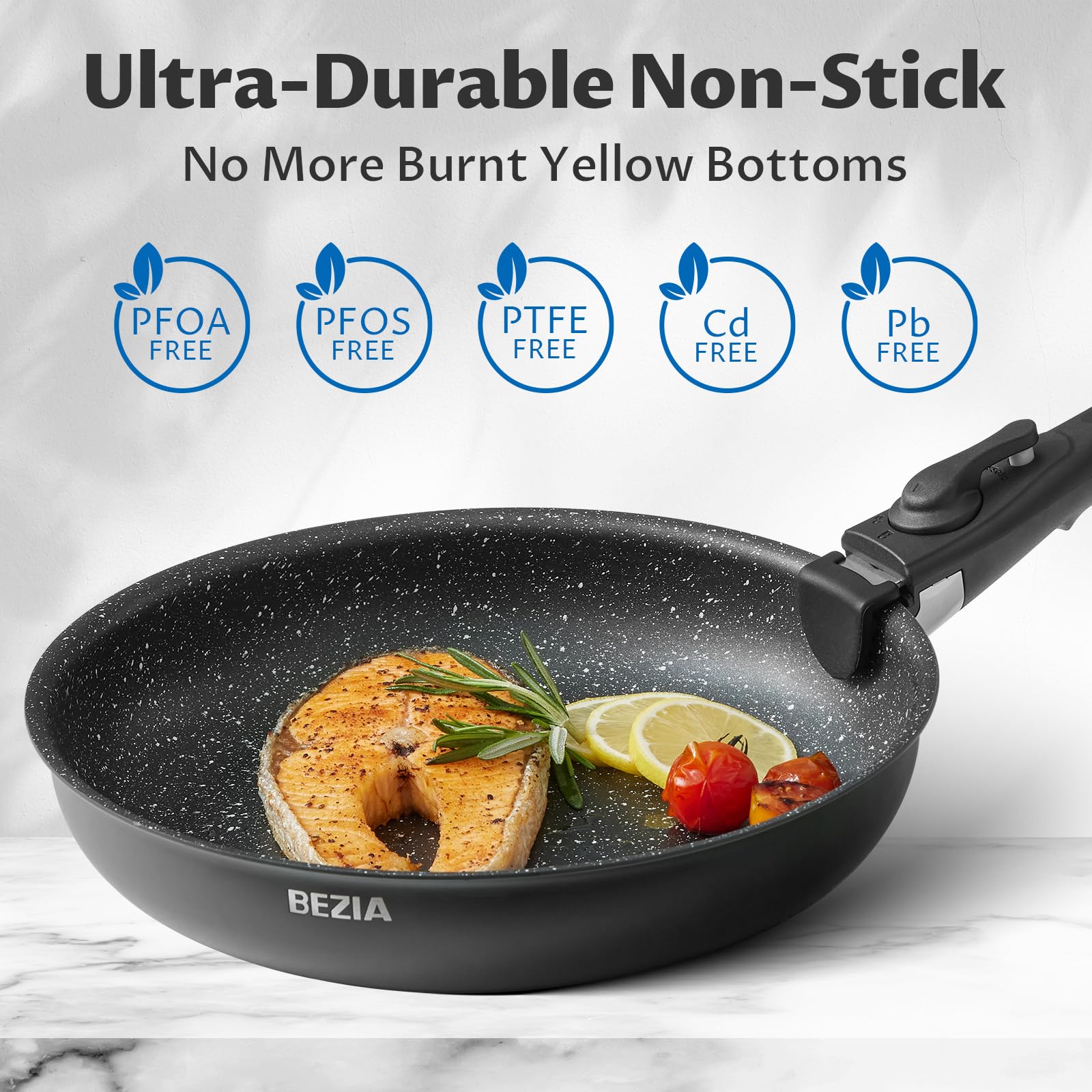 BEZIA 10-Piece Nonstick Cookware Set | Stackable Pans with Detachable Handles