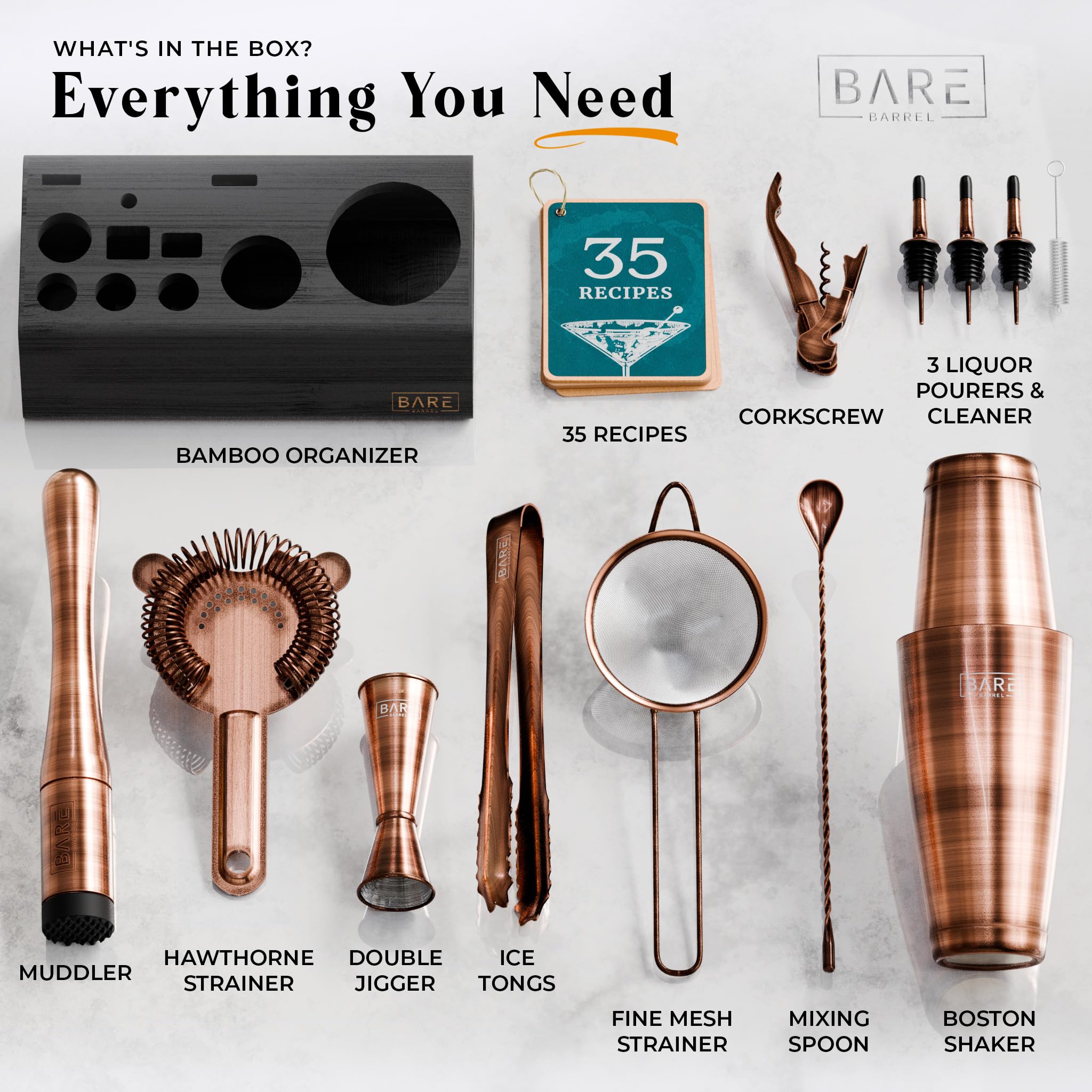 Bare Barrel 14-Piece Cocktail Making Kit with Bamboo Stand & Recipes