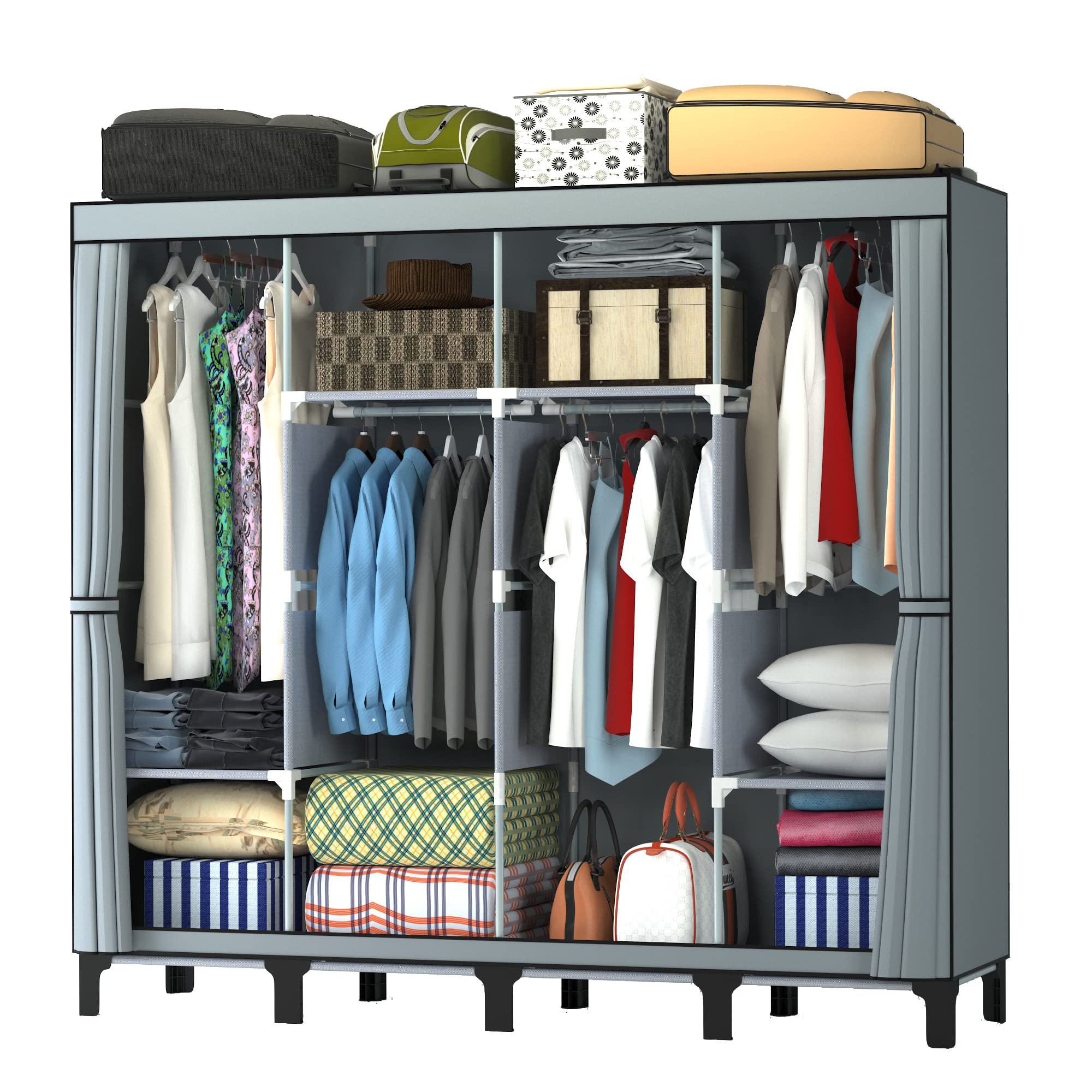 LOEFME Portable Canvas Wardrobe | 4-Column Heavy-Duty Fabric Closet - Grey