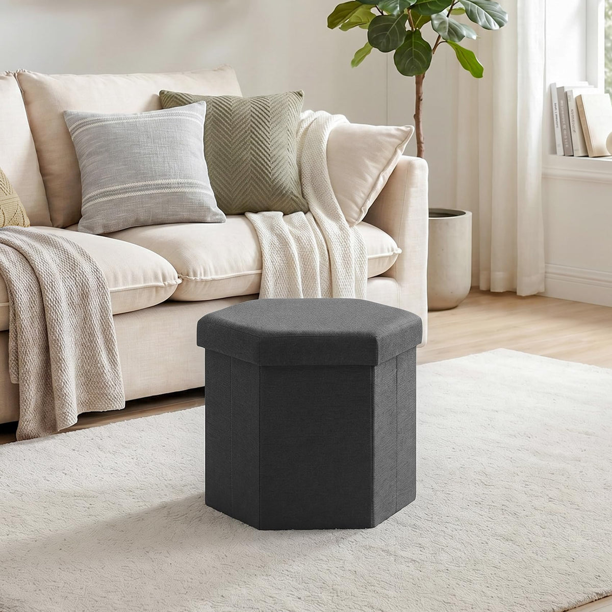 PINPLUS Folding Storage Ottoman, Linen Hexagonal Footrest, Dark Grey - image 2