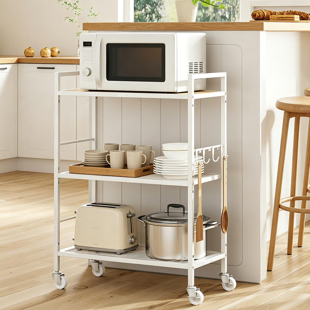 3-Tier kitchen trolley,Oak Wood Top,60W×30Dcm,4 Hooks, Adjustable Shelves - image 2