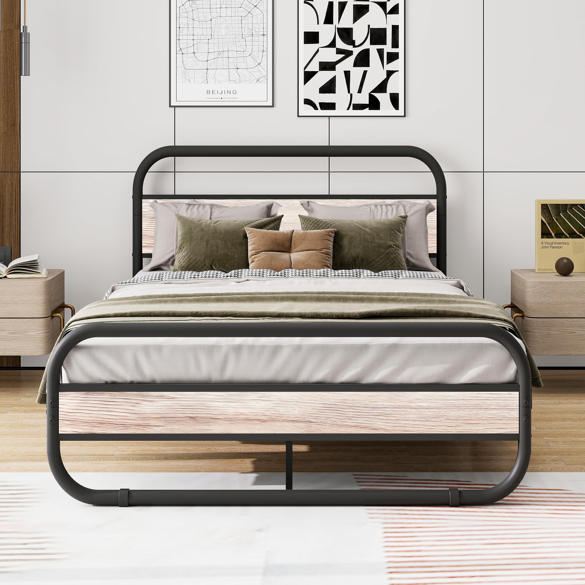 HOMERECOMMEND Double Metal Bed Frame with Headboard and Storage