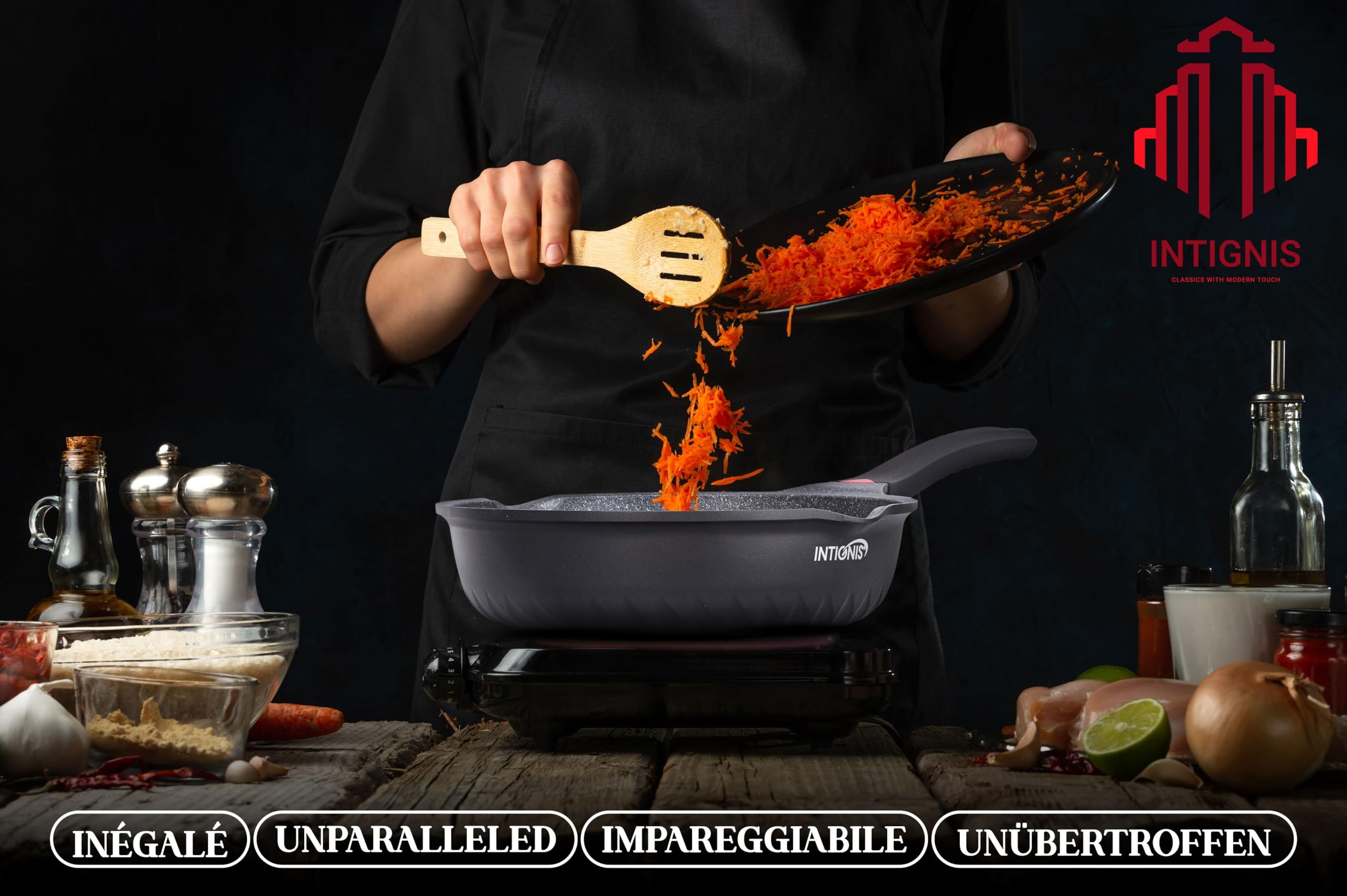 INTIGNIS 28cm Deep Frying Pan with Lid | Non-Stick Ceramic Induction Pan