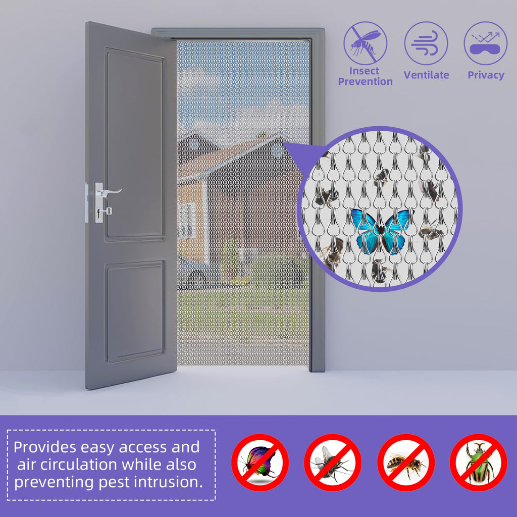 Gluwoer Silver Aluminium Chain Fly Screen - 90x200cm Metal Door Curtain
