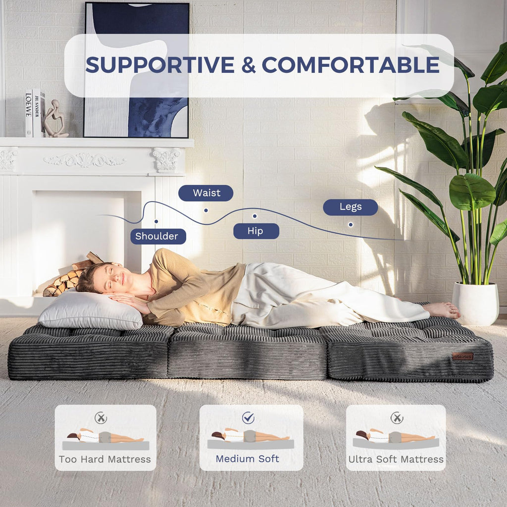 MAXYOYO Folding Mattress, Comfy Corduroy Foldable Mattress with 15cm Thicken Foam, Tri-Fold Floor Futon Sofa Bed for Guest,Dark gray,Double - image 5