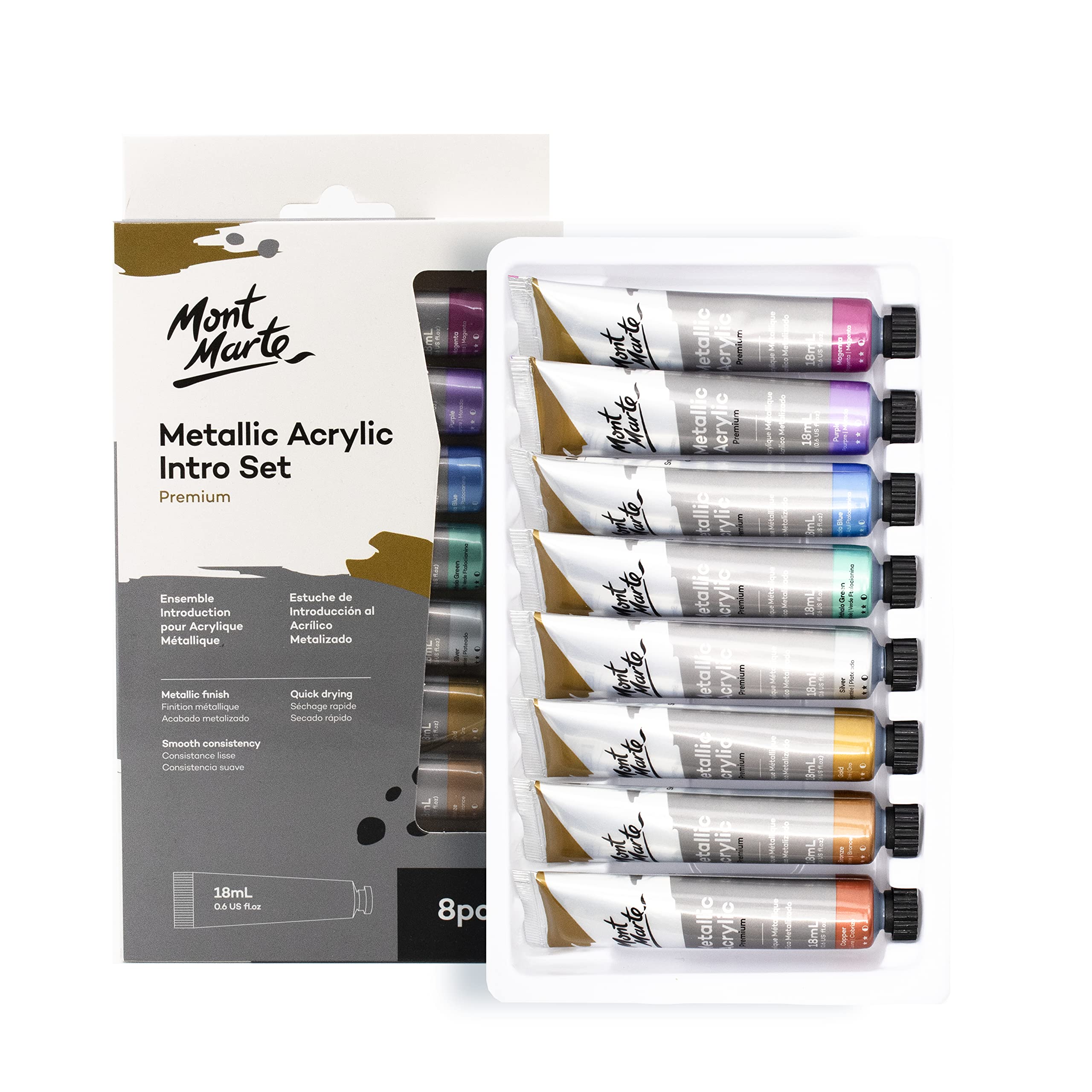 Mont Marte Metallic Acrylic Paint Set - 8 Pieces x 18ml Tubes for Artists
