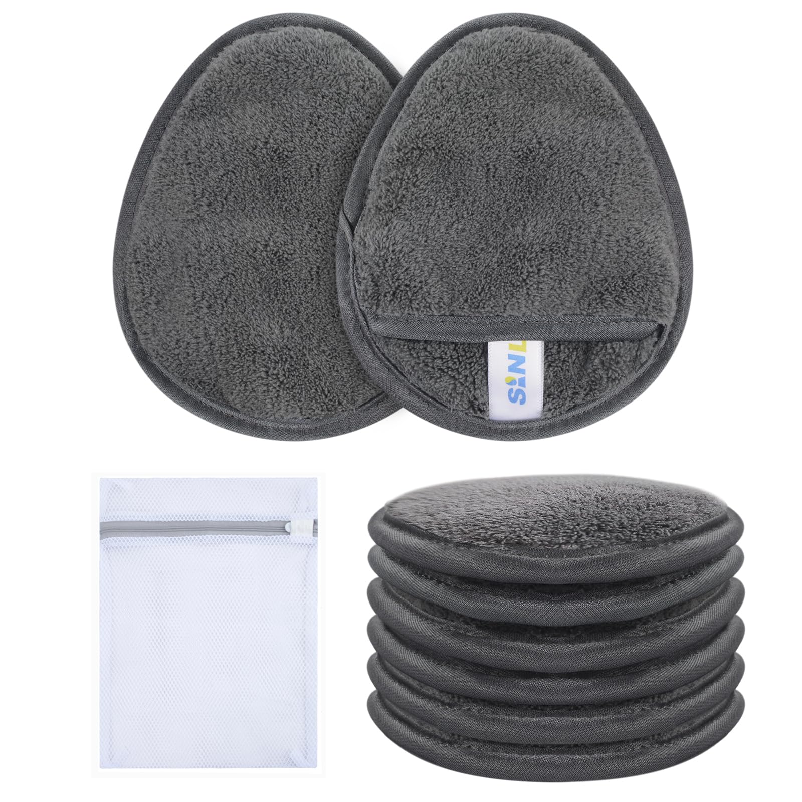 SINLAND Reusable Microfiber Makeup Remover Pads - Grey Pack of 6