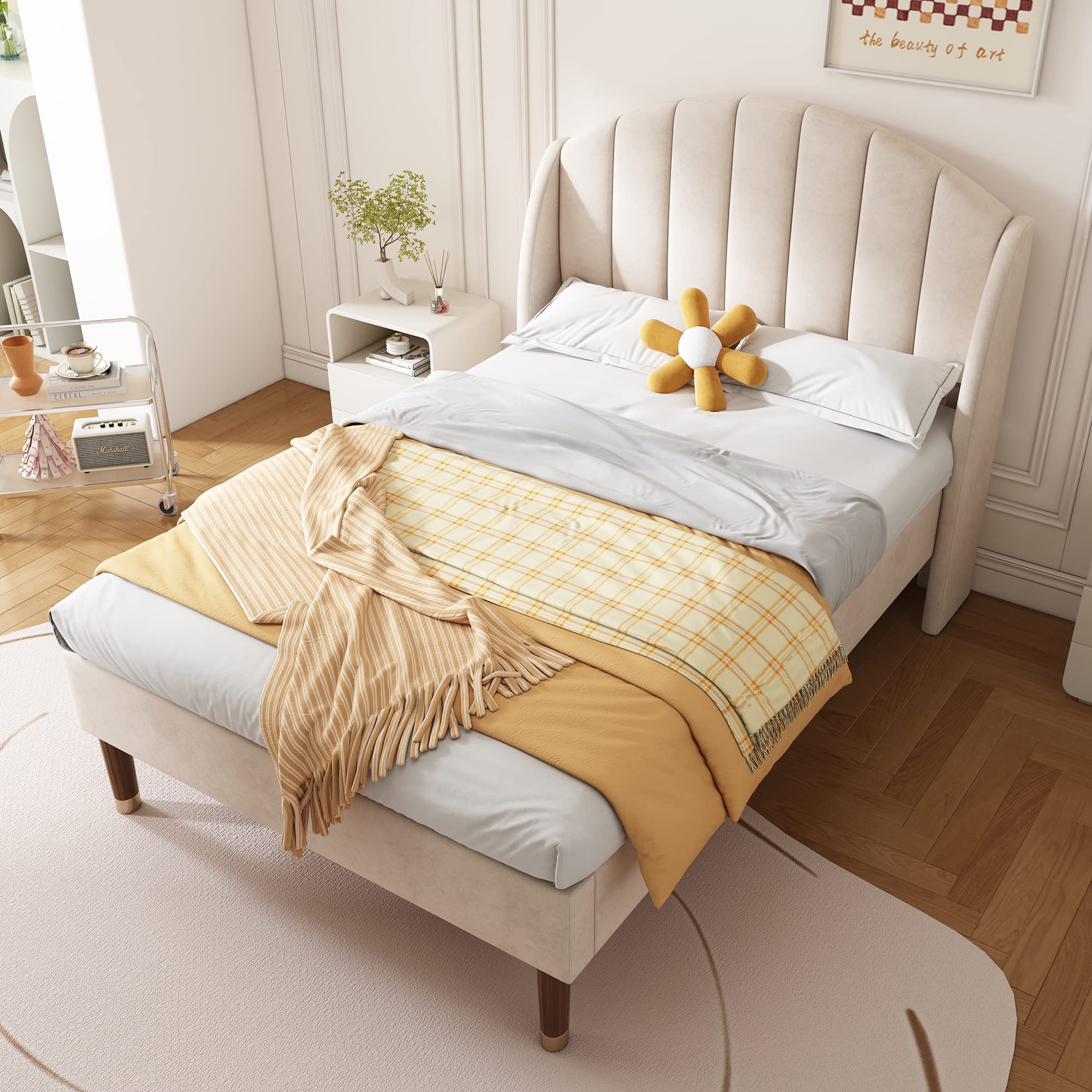 BTM Beige Velvet Upholstered Single Bed Frame with Headboard - 3FT