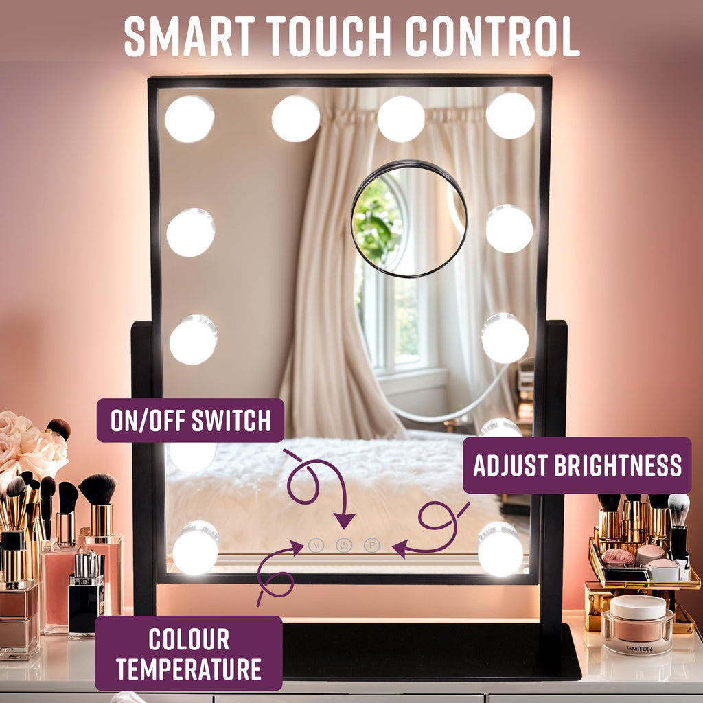 GloBrite Hollywood Vanity Mirror with 12 LED Bulbs – 3 Light Modes, Black