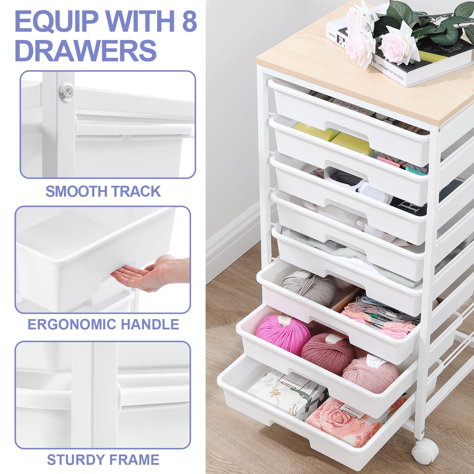 SYKIARIOL 8-Drawer Rolling Storage Trolley | Wooden Top Utility Cart