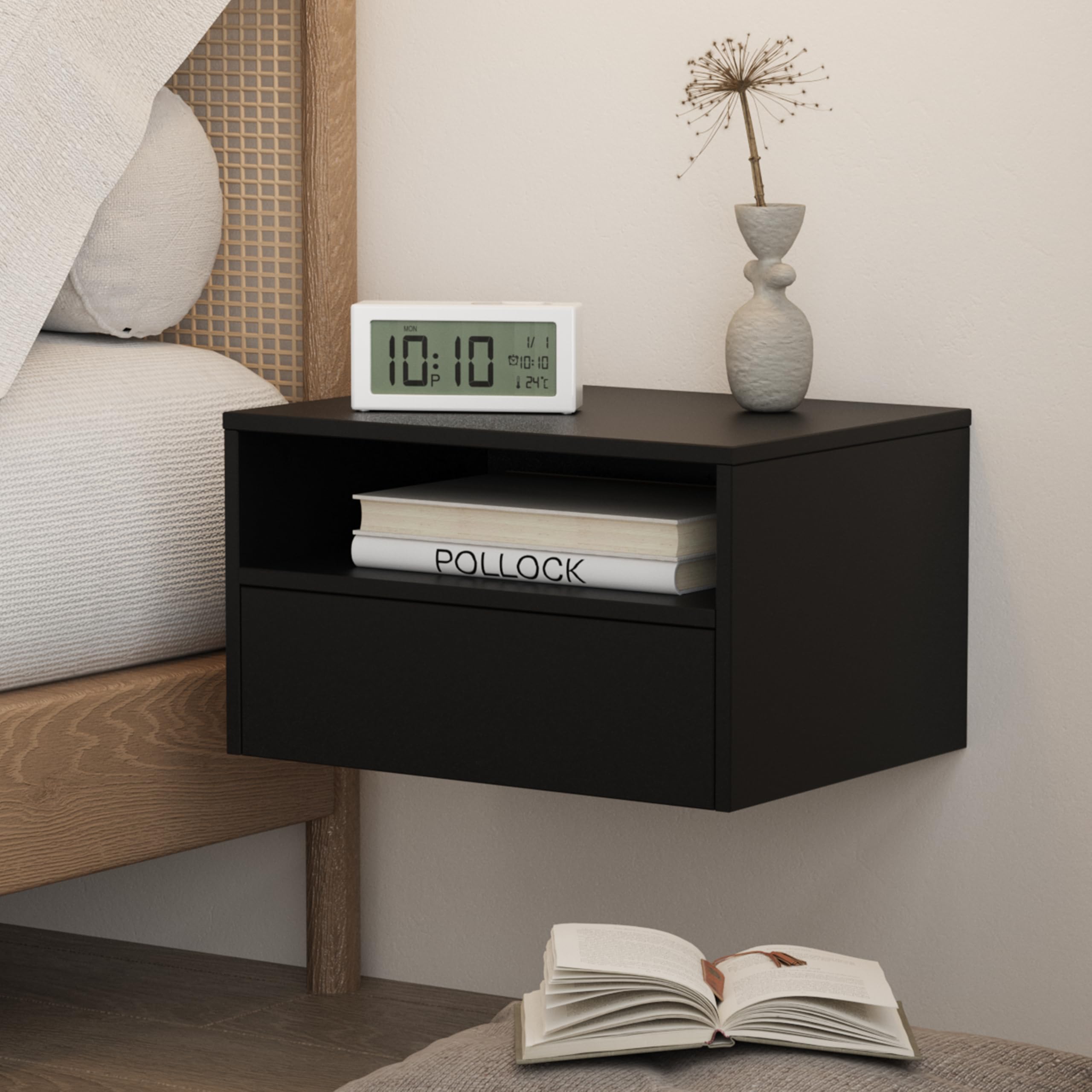 JERX Floating Bedside Table – Wall Mounted Wooden Nightstand, Black