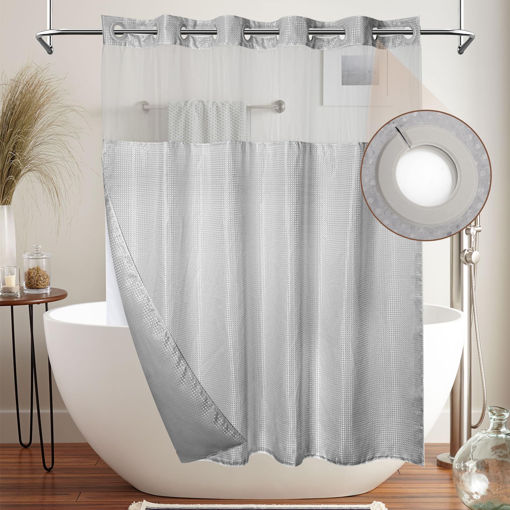 MEKOTRIN Hookless Shower Curtain | Waffle Fabric with Snap-on Liner, Grey