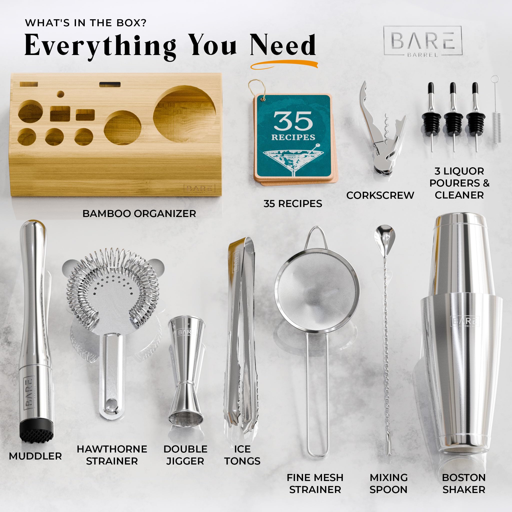 Bare Barrel 14-Piece Cocktail Making Kit with Bamboo Stand & Recipes