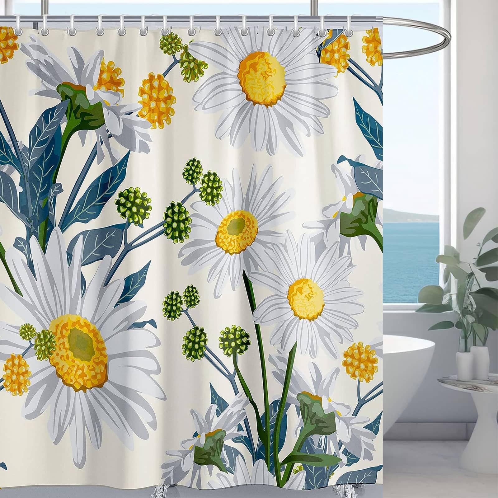 Hykiee Floral Daisy Shower Curtain | Waterproof Polyester with 12 Hooks