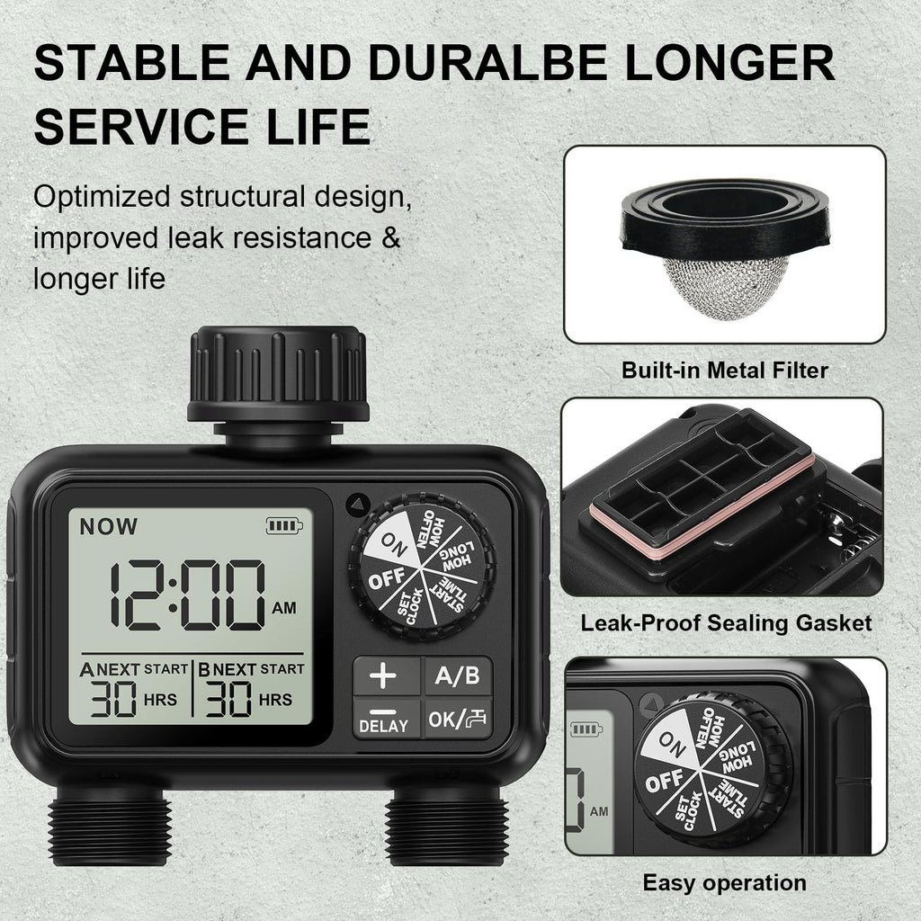 Xtsuen 2-Outlet Water Timer – IPX5 Waterproof Garden Hose Sprinkler Timer