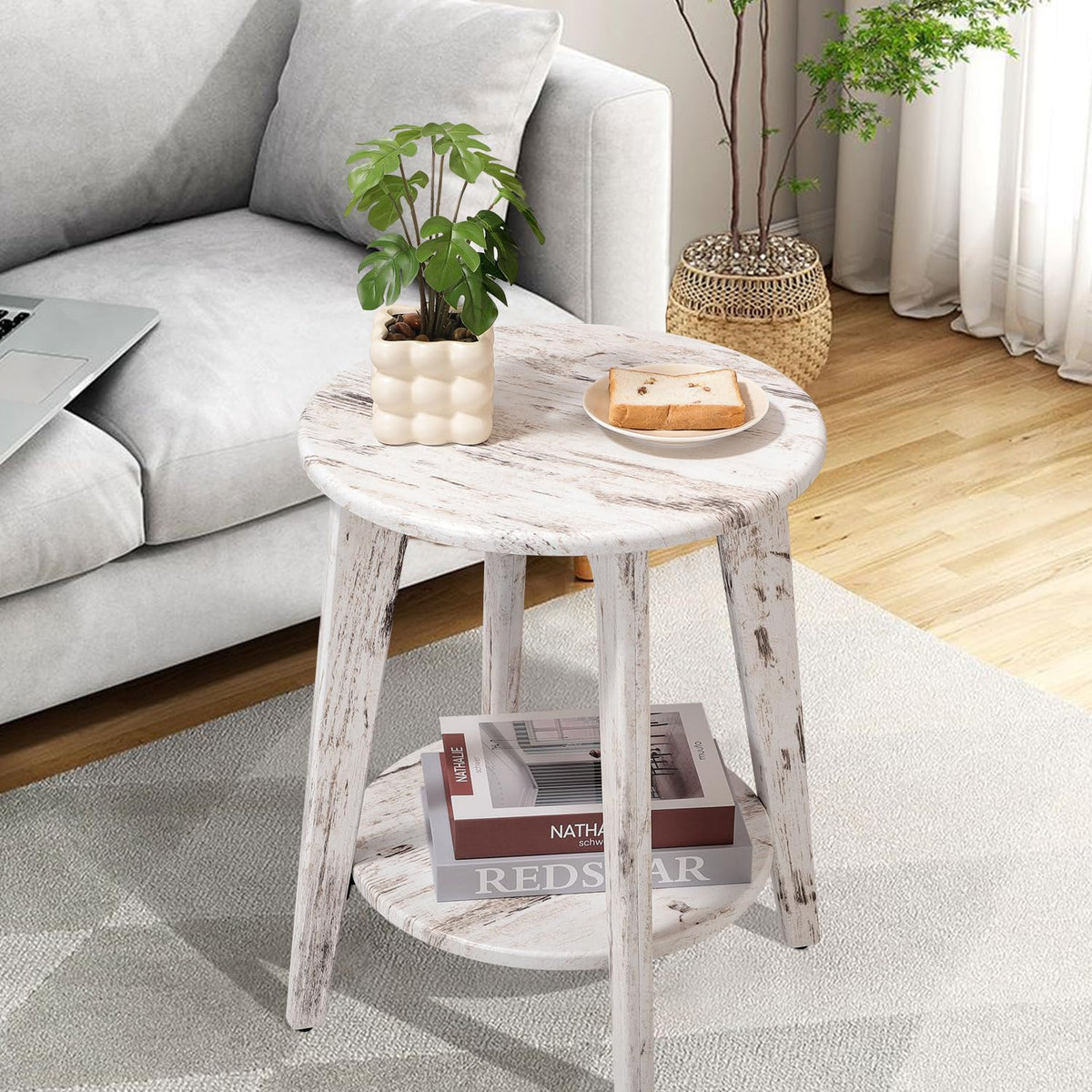 FEUFOAM Round Side Table White Wooden End Table with Lower Shelf Rustic Vintage Nightstand Beside Table Small Accent Tables for Living Room Bedroom - image 3