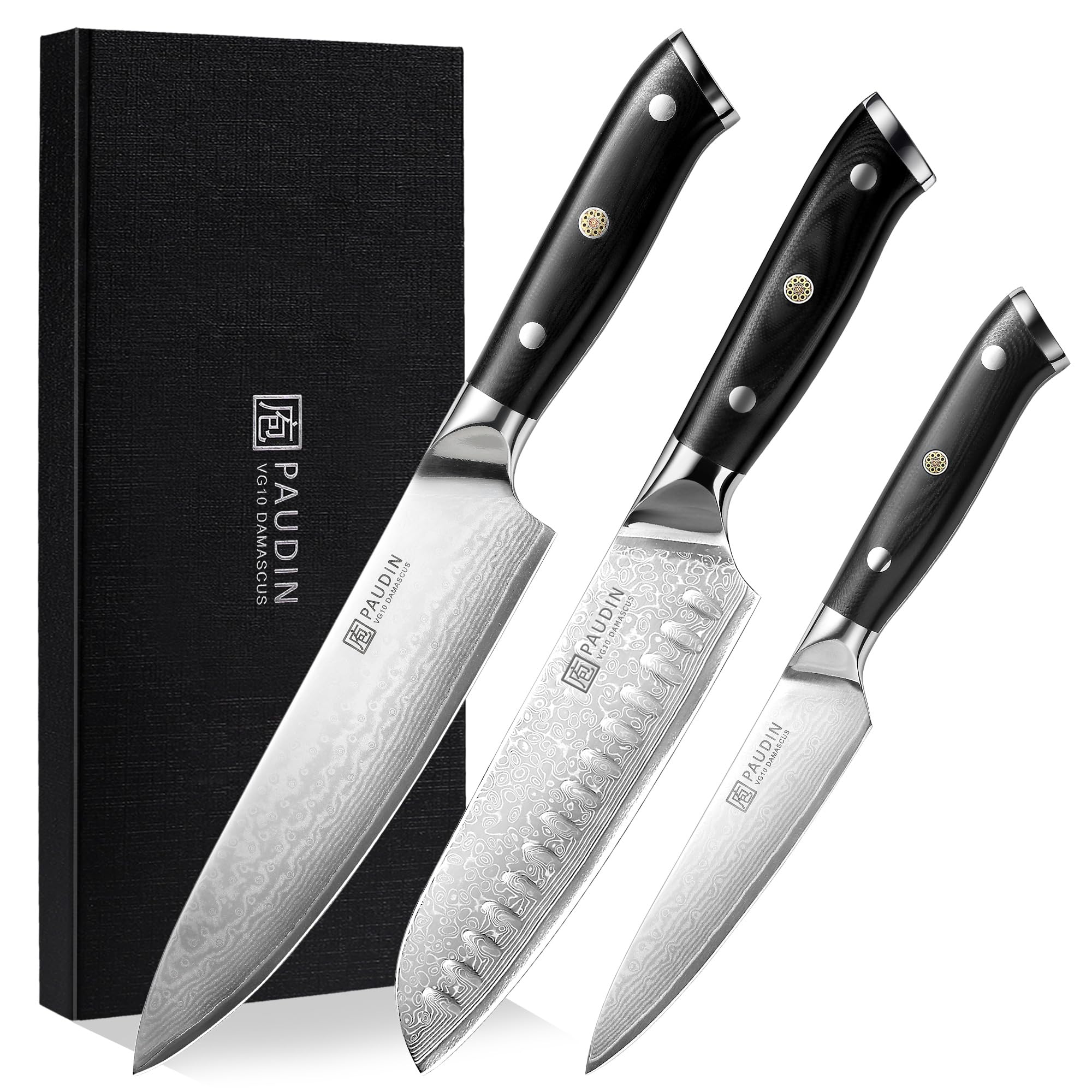 PAUDIN Damascus Knife Set 3 Pcs | VG10 Japanese Steel Kitchen Knives
