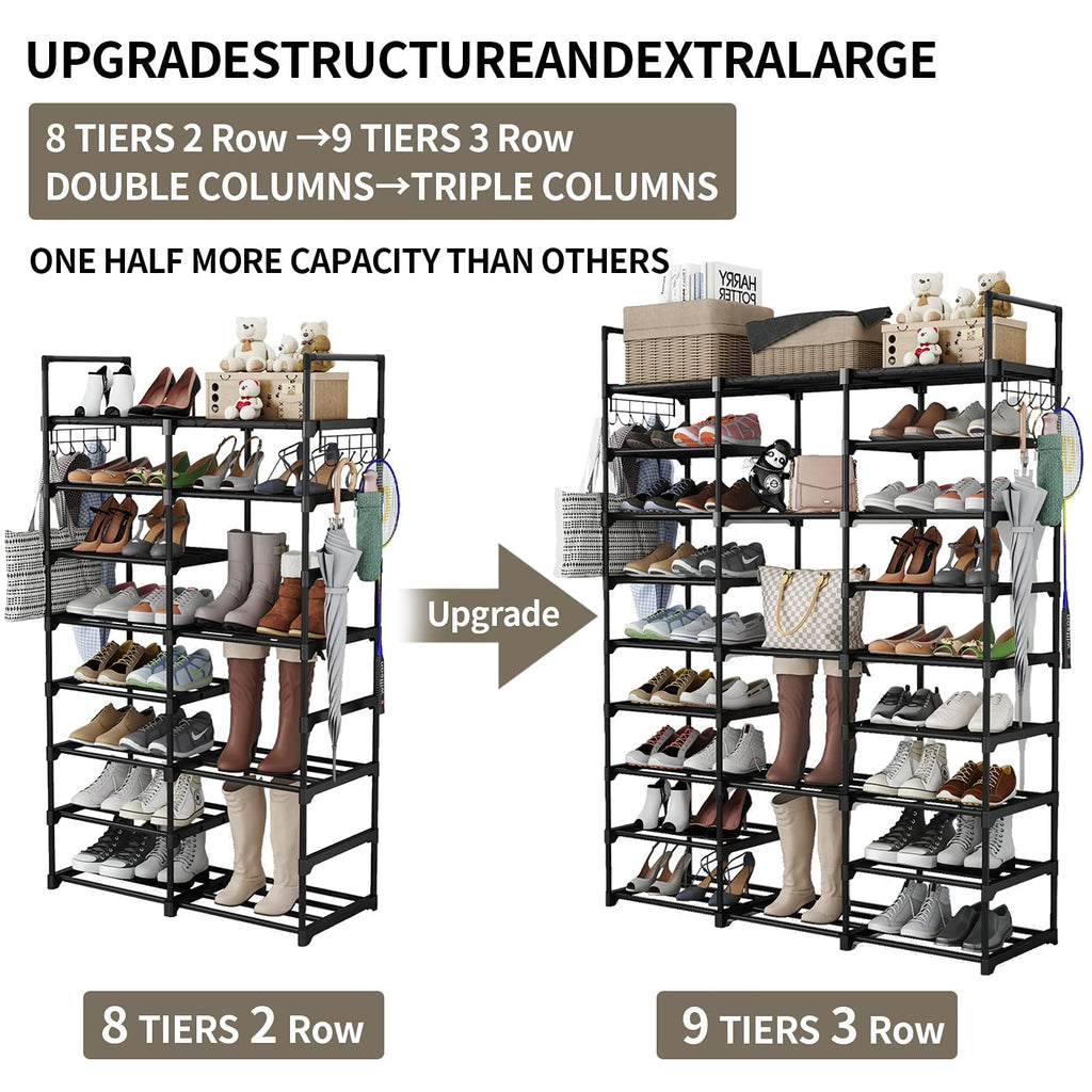 Finew 9-Tier Metal Shoe Rack | 50-55 Pair Stackable Storage Organizer - Black
