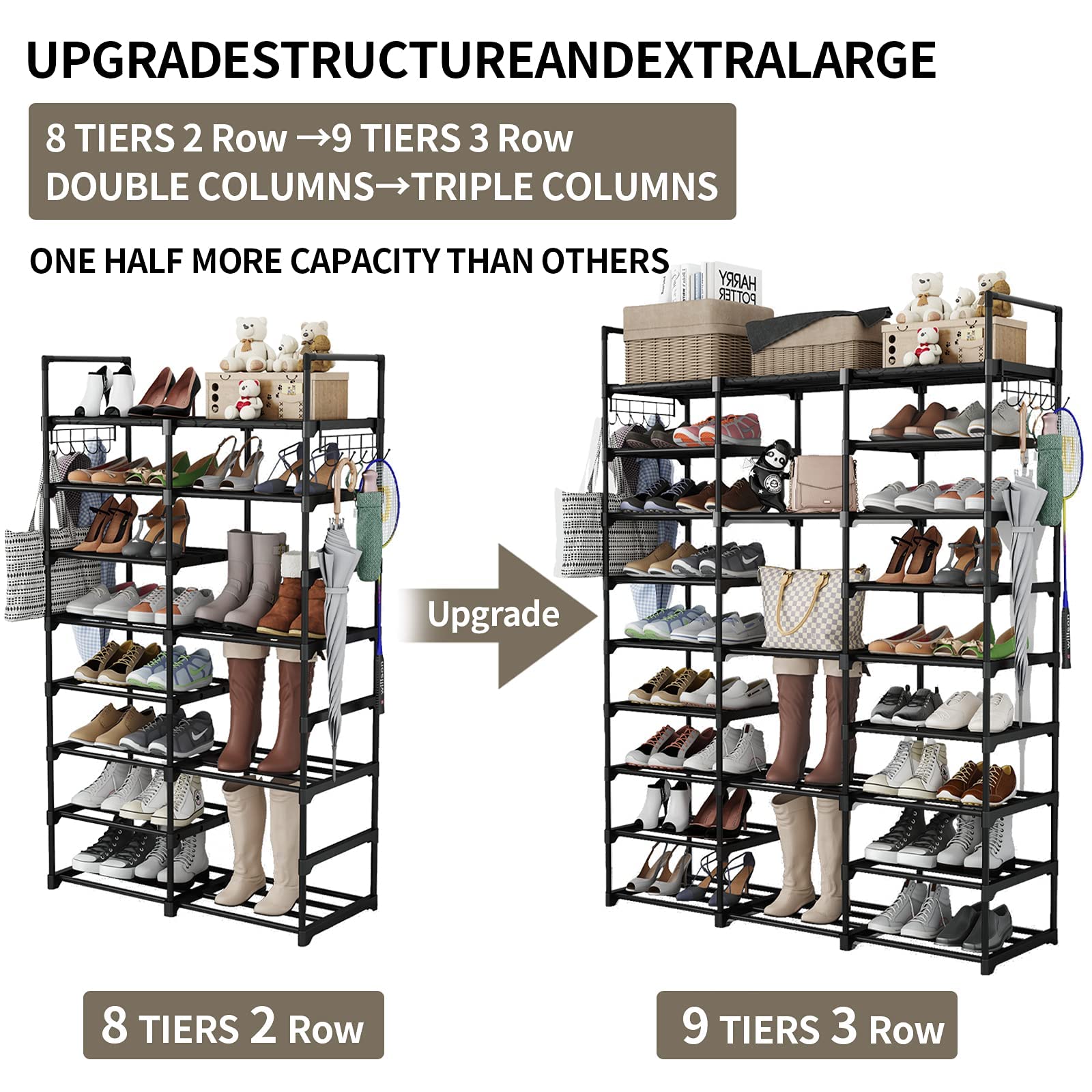 Finew 9-Tier Metal Shoe Rack | 50-55 Pair Stackable Storage Organizer - Black