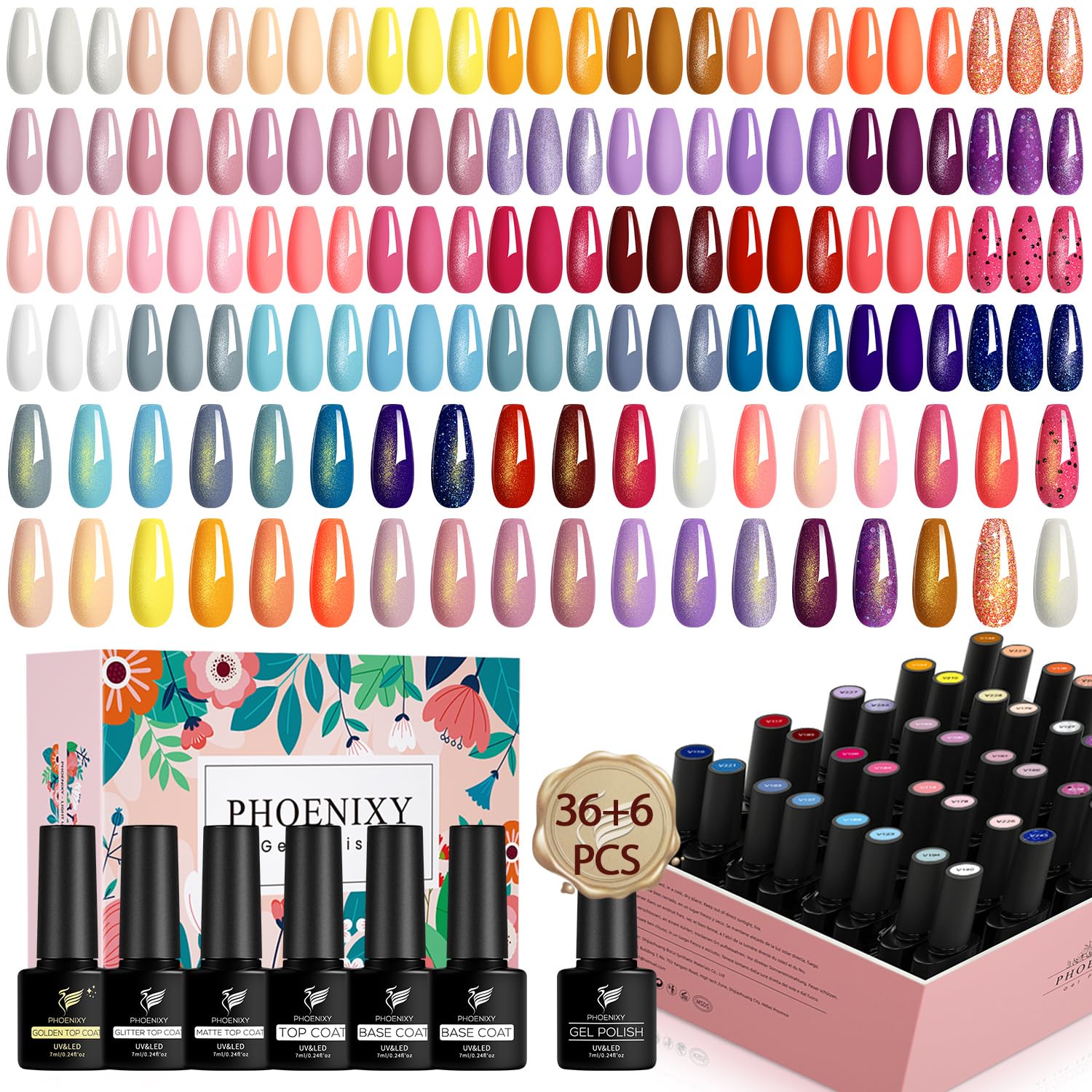Phoenixy 42 Pcs Gel Nail Polish Set | 36 Colors Soak Off UV Nail Kit
