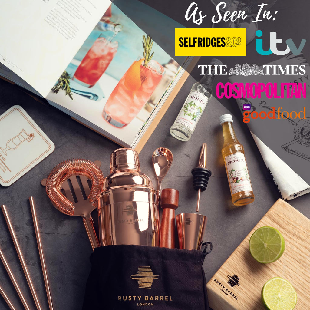 Rusty Barrel Cocktail Making Kit - 8-Piece Rose Gold Shaker Set with Gift Box