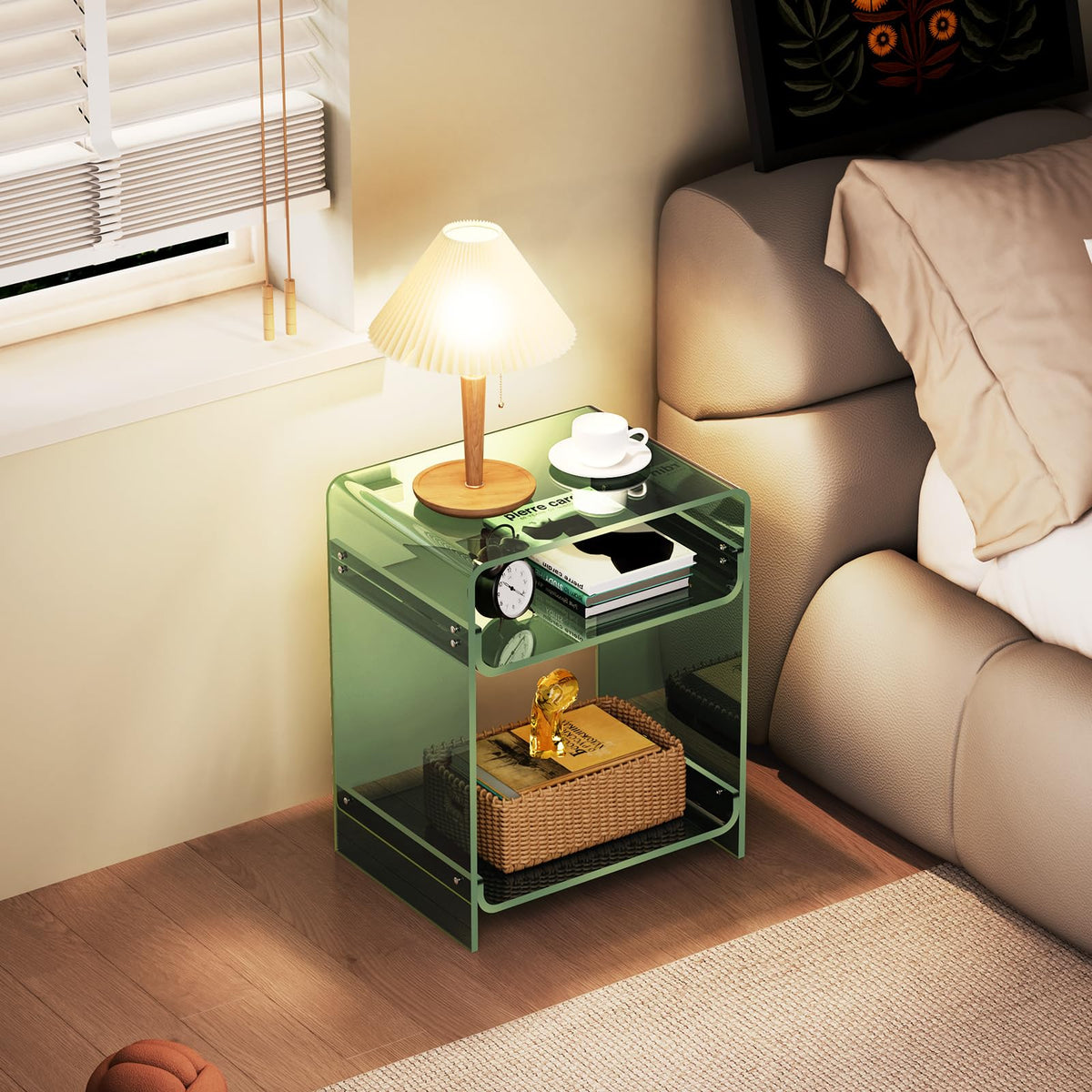Acrylic End Table with Storage Shelf, Clear Side Table, Record Player Table, Nightstand, 15.7x19.7x11.8 Green, 40×30×50 cm - image 2
