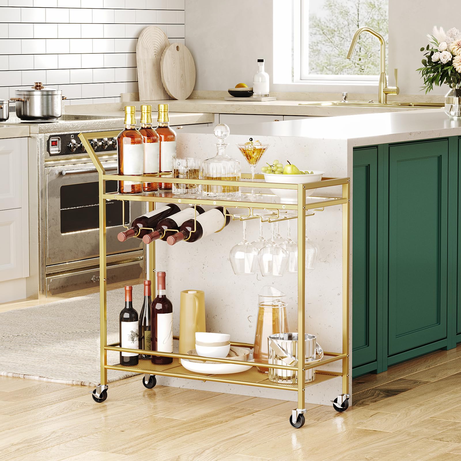 HOOBRO Gold Bar Cart – Mobile Drinks Trolley with Wine & Glass Rack