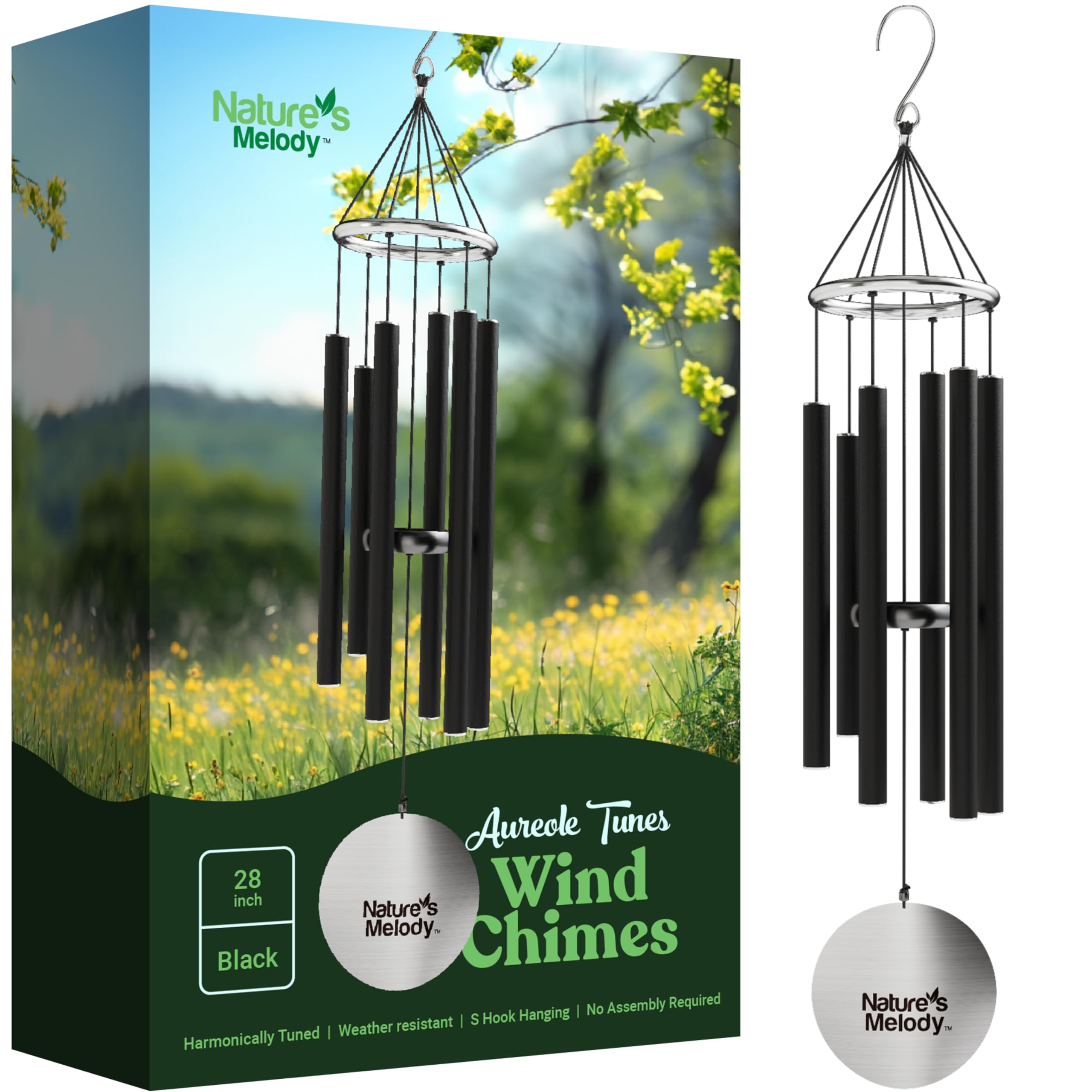 Nature's Melody 28-inch Aureole Tunes Windchime | Recycled Aluminum Black