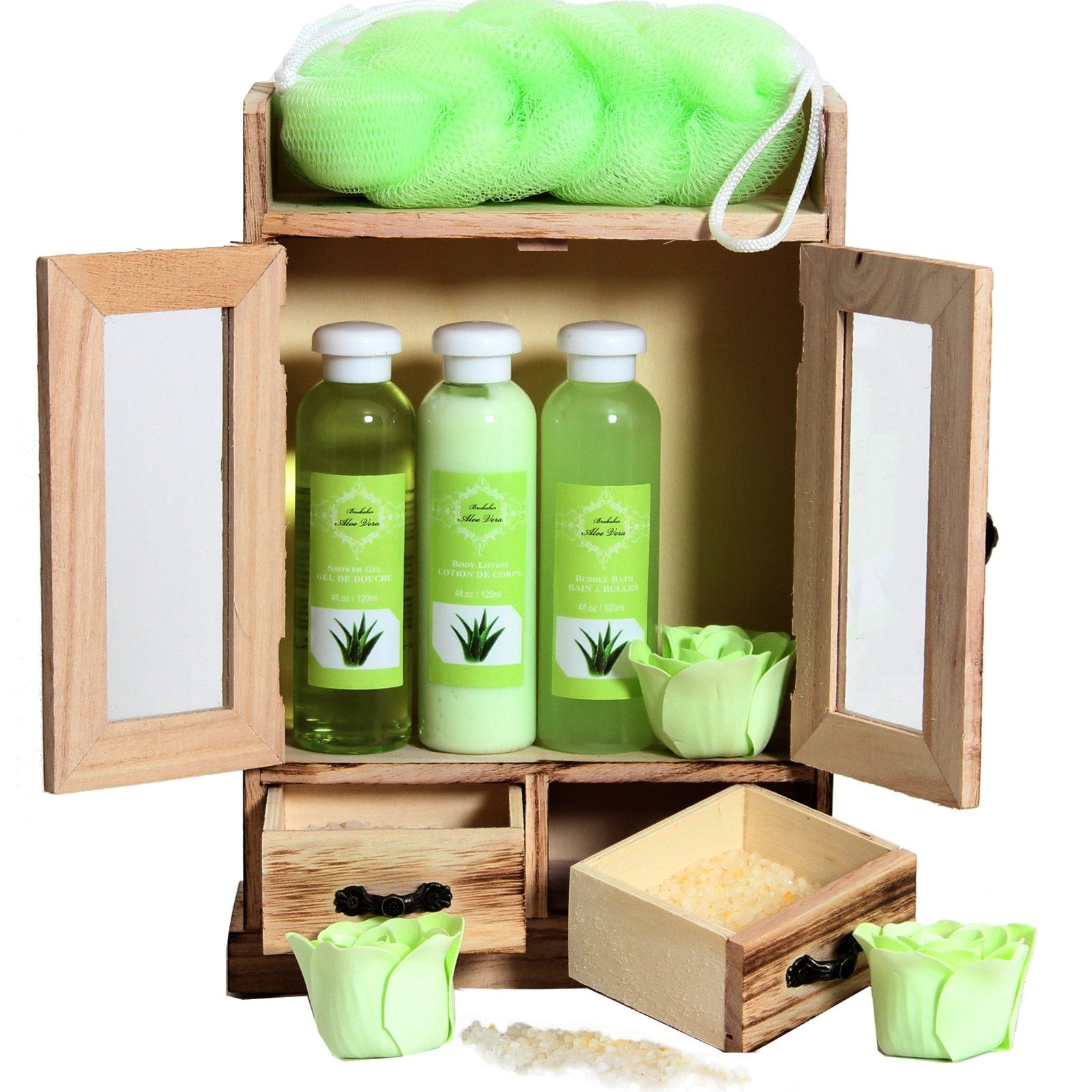 BRUBAKER Aloe Vera 10-Piece Bath and Body Gift Set with Wood Cabinet