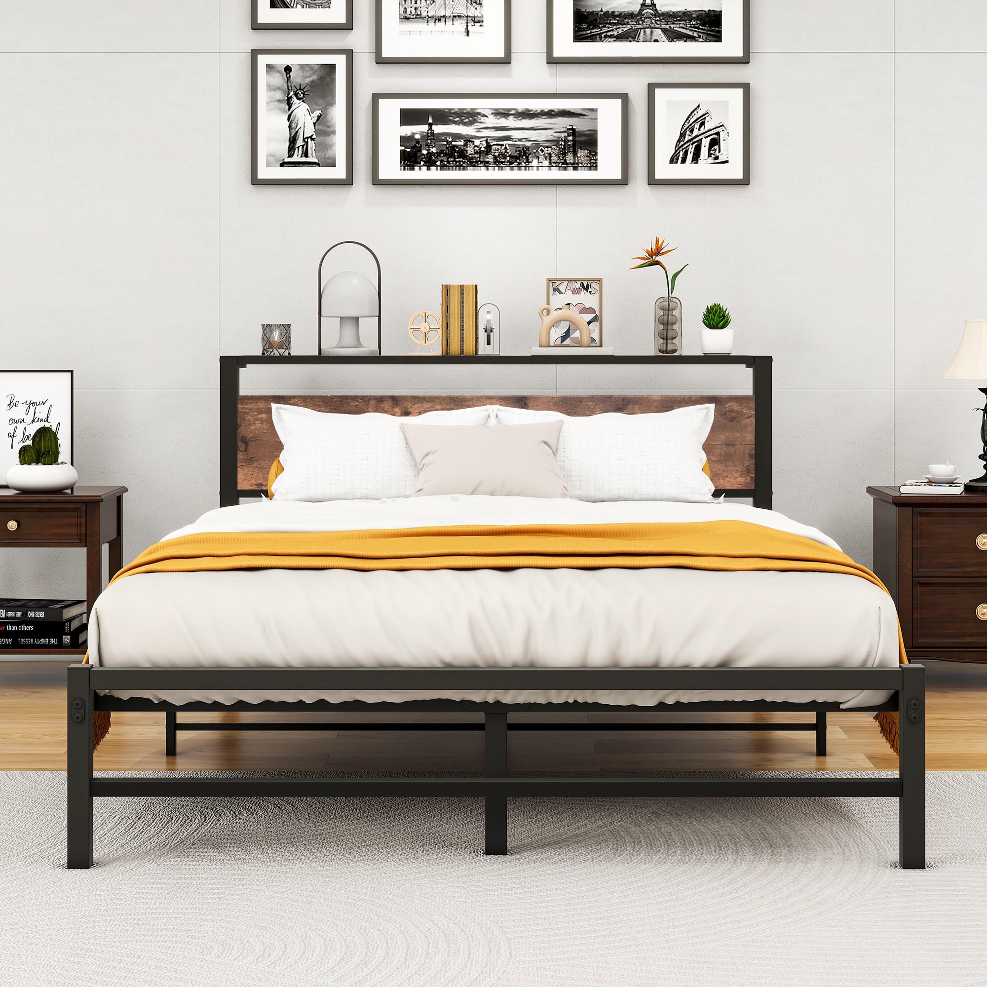 HOMERECOMMEND King Metal Bed Frame with Wood Storage Headboard | Black