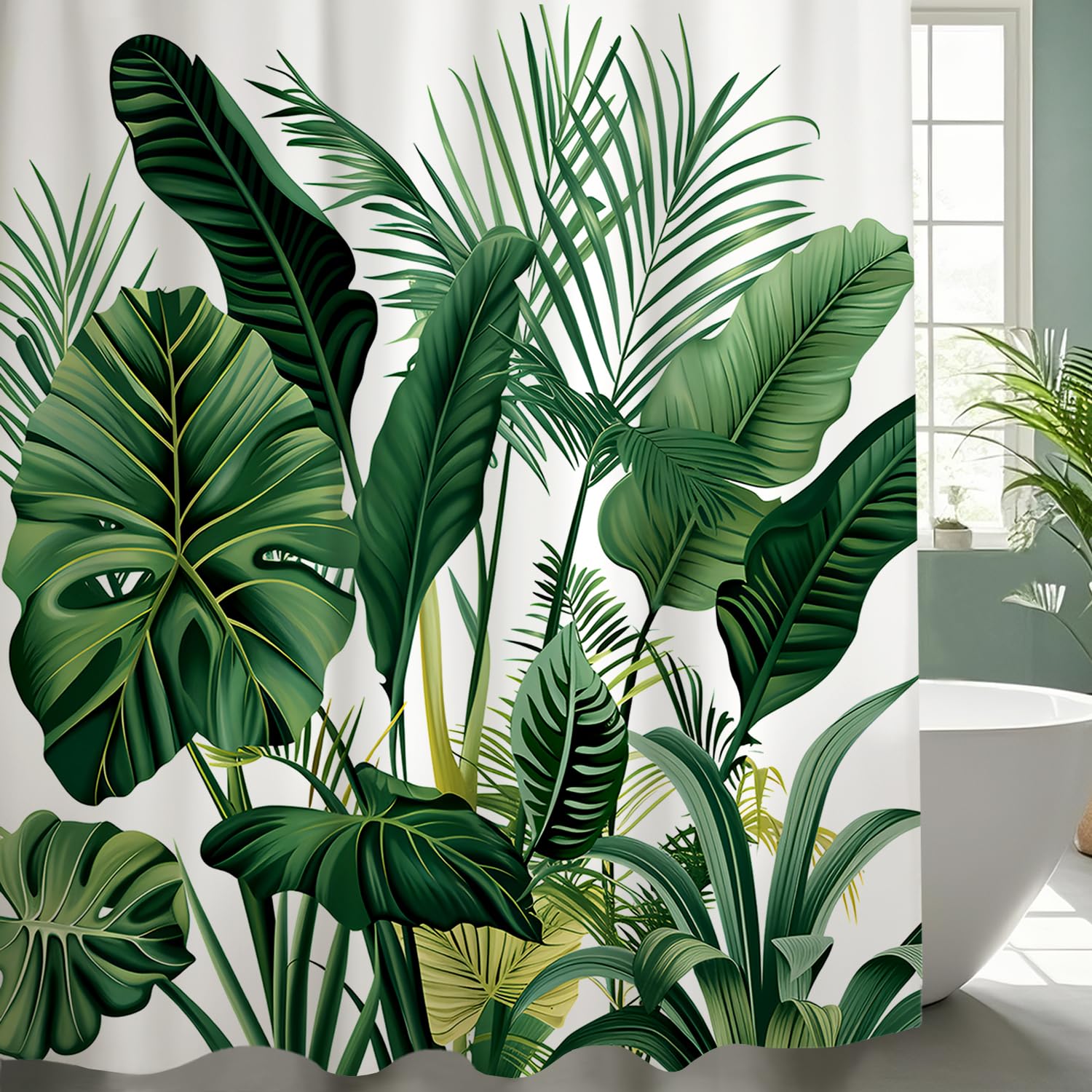 NEJLCTOROUS Tropical Leaves Shower Curtain | 180x180cm Green Polyester