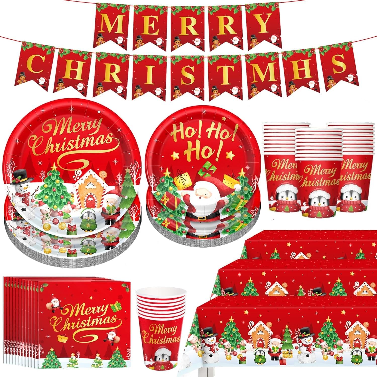 KAHEIGN 102Pcs Christmas Party Tableware Set – Disposable Holiday Dinnerware
