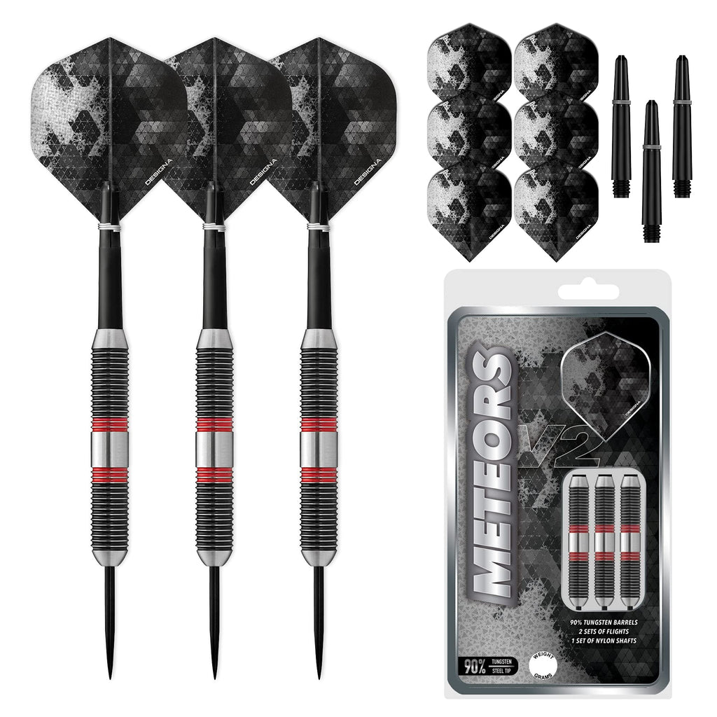 Designa Meteor 90% Tungsten Steel Tip Darts – Heavy 44g Ringed Grip Set