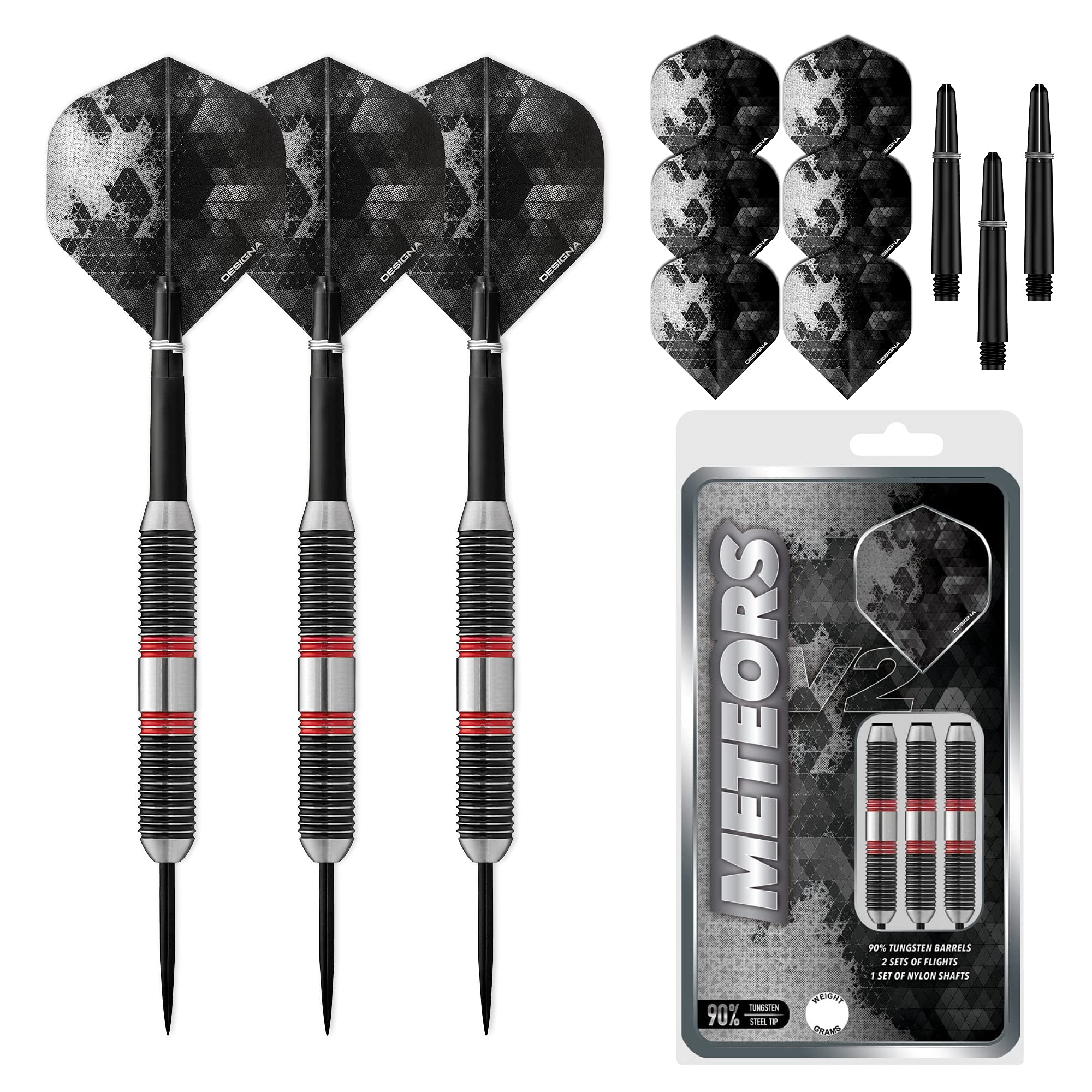 Designa Meteor 90% Tungsten Steel Tip Darts – Heavy 44g Ringed Grip Set