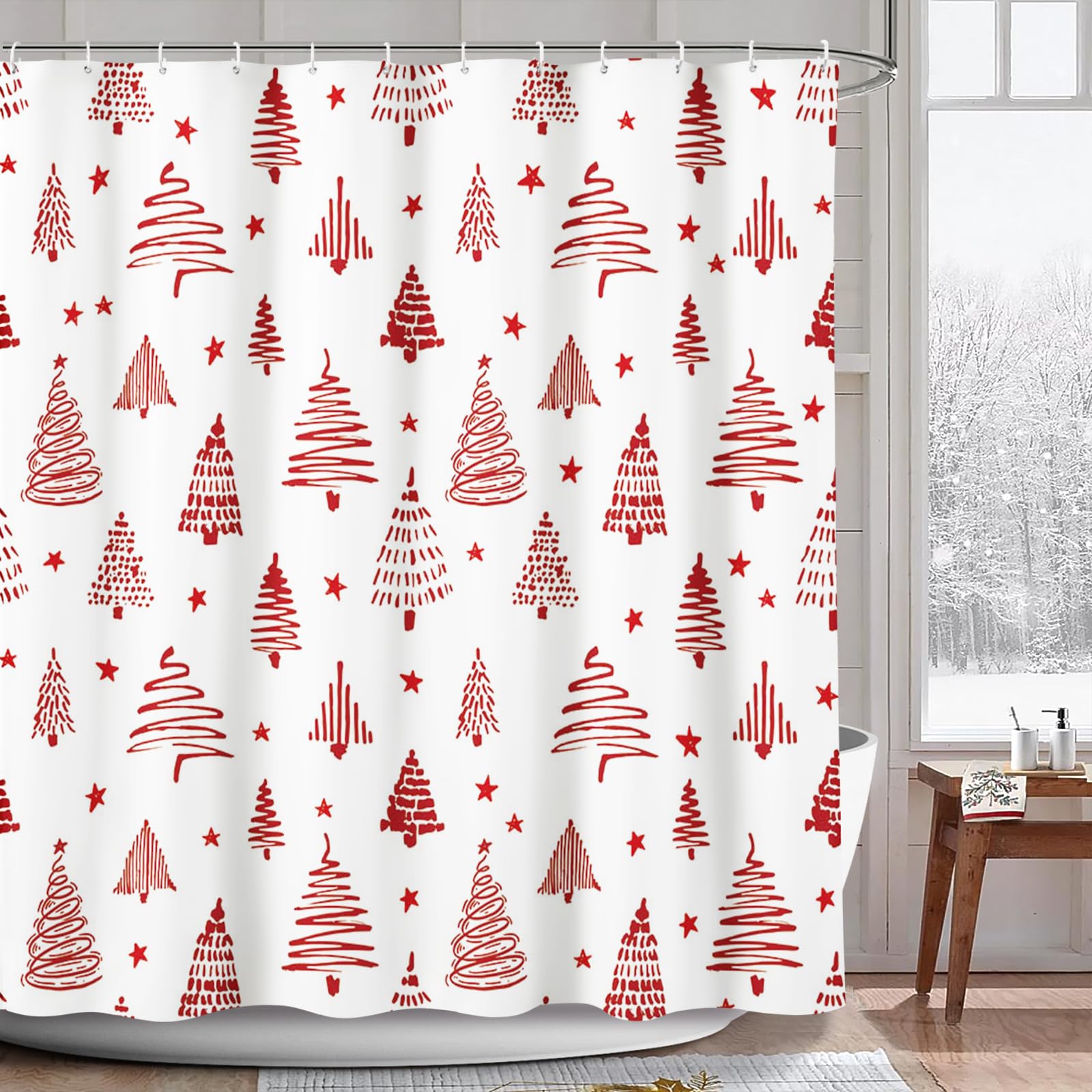 AIBIIN Christmas Shower Curtain – Red Xmas Tree & Stars Polyester Bath Decor