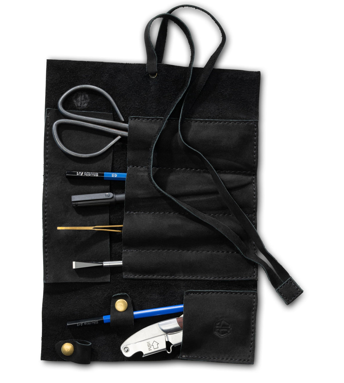 Angus Stoke Leather Roll Bag Black - Handmade Leather Case for Pens, Brushes and Accessories, 4 Compartments, Leonardo - image 2