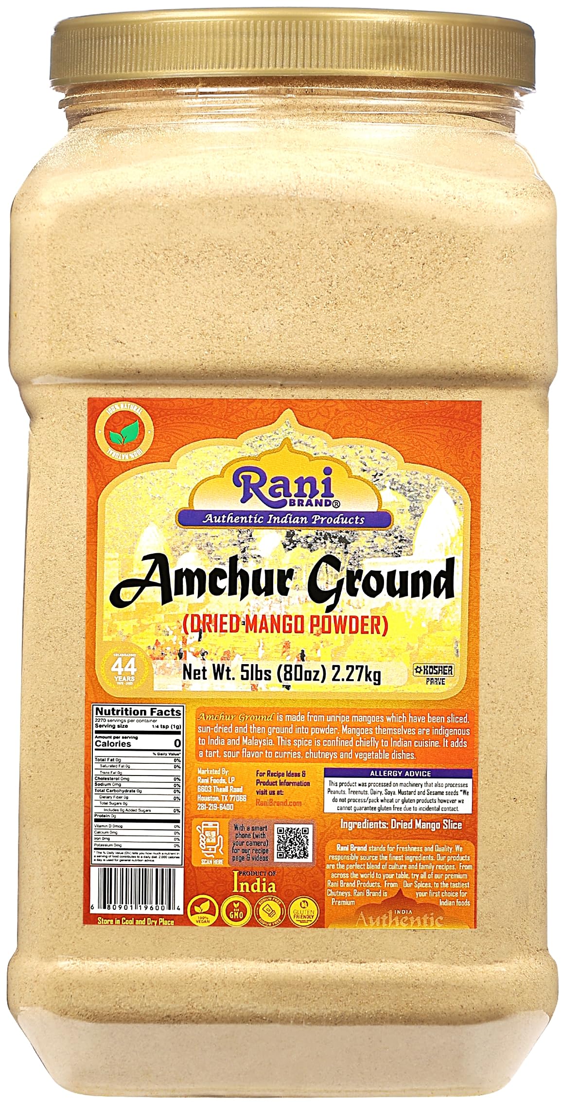 Rani Amchur Mango Ground Powder - 5lbs Bulk PET Jar - All Natural Vegan
