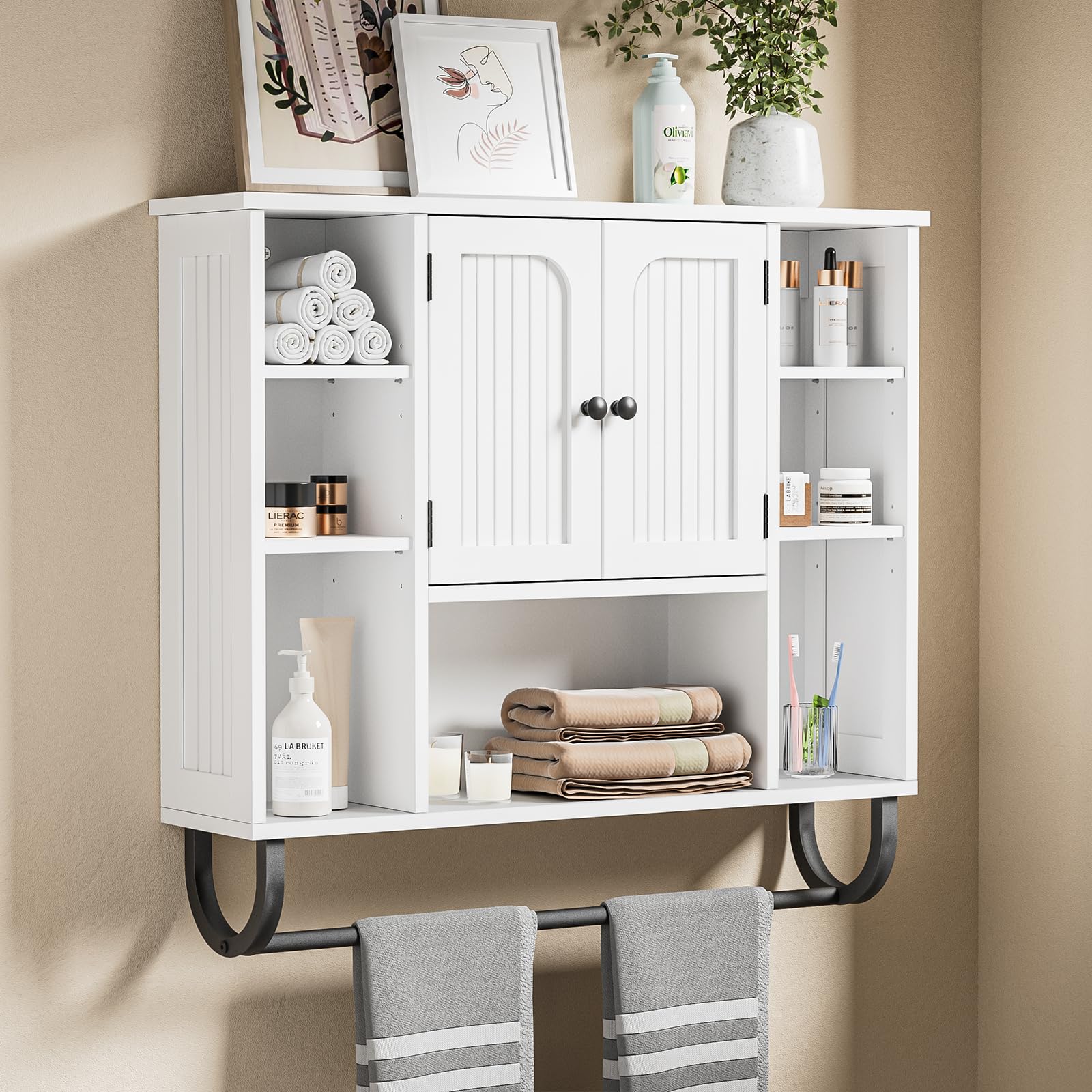 Skokliz Bathroom Wall Cabinet with Towel Bar – White MDF Storage Unit