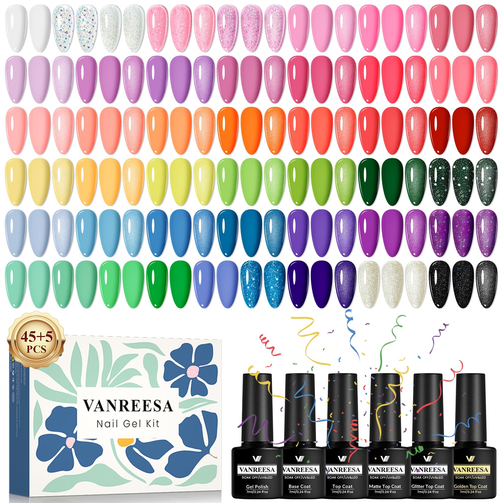 VANREESA Gel Nail Polish Set | 50 PCS UV LED Kit with Base and Top Coats