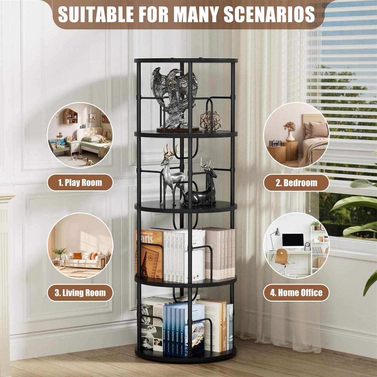 OCTORO 4 Tier Rotating Bookshelf, 360° Corner Bookshelf Tower, Round Revolving Bookcase with Adjustable Levels, Spinning Book Shelf for Home Office - image 4
