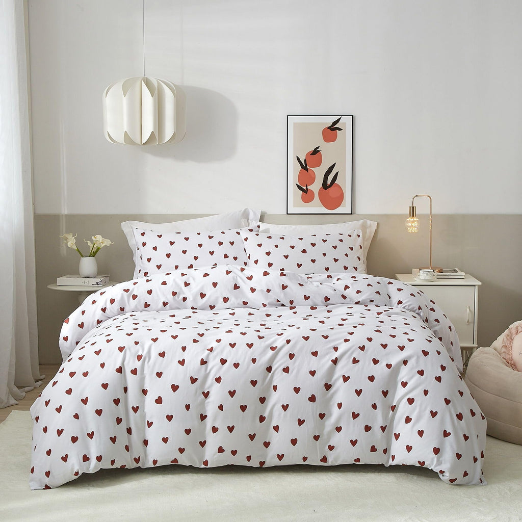 Ruccit Red Heart Duvet Cover Set | 100% Cotton Double Bedding - 3pcs